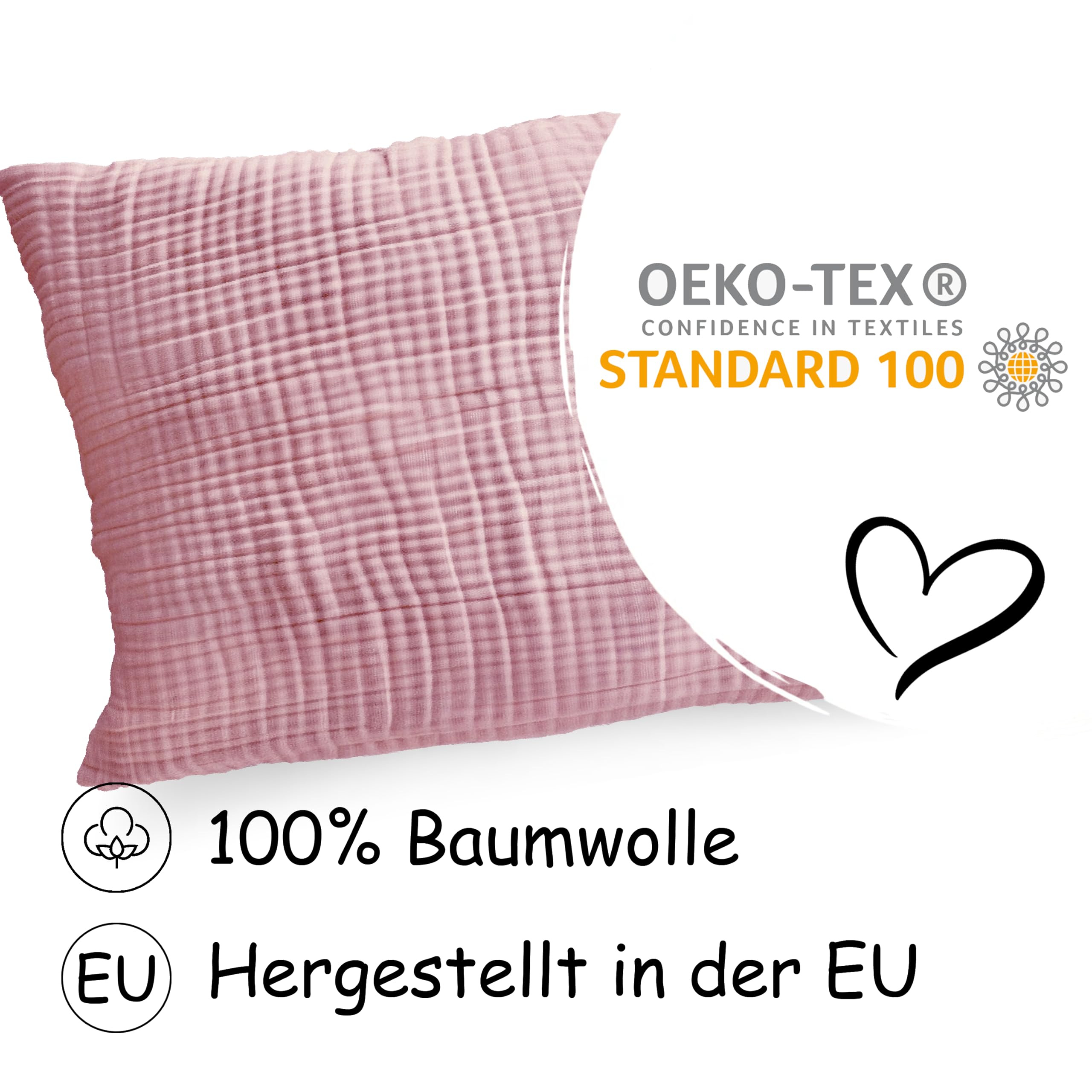 PinkZebra Funda de cojín de muselina orgánica de 40 x 80 cm, doble gauz, para niños y adultos, con certificado ÖkoTex, suave funda de almohada con certificación GOTS, color rosa polvo