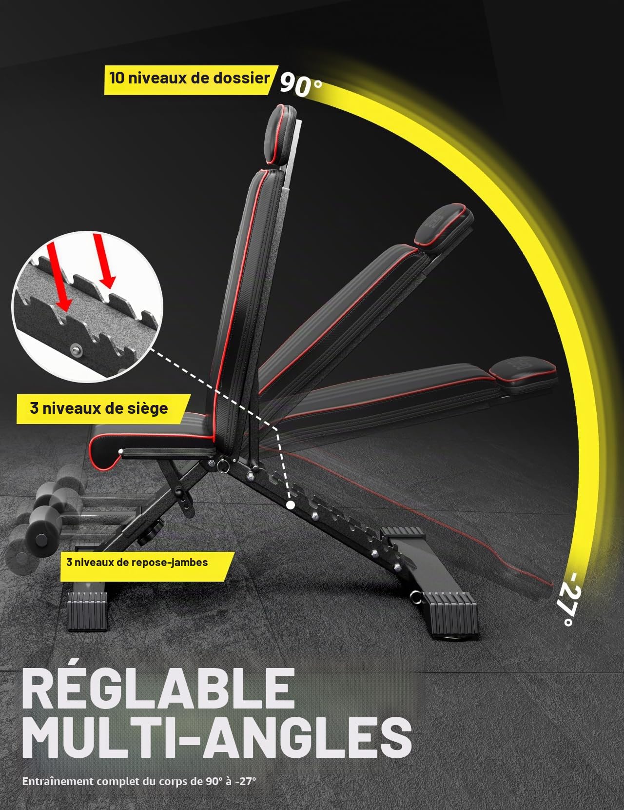 YOLEO Banc de musculation pliable multifonction avec supports pour la maison, banc de musculation réglable avec plateau, banc de musculation avec poids et curl des jambes