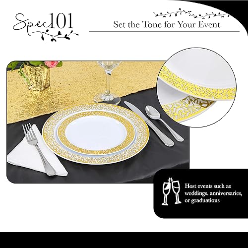 Miniatura 5 de Spec101 Juego de vajilla desechable de plástico  102 platos llanos de plástico de 7.5 pulgadas y 10.25 pulgadas con ribete de encaje dorado