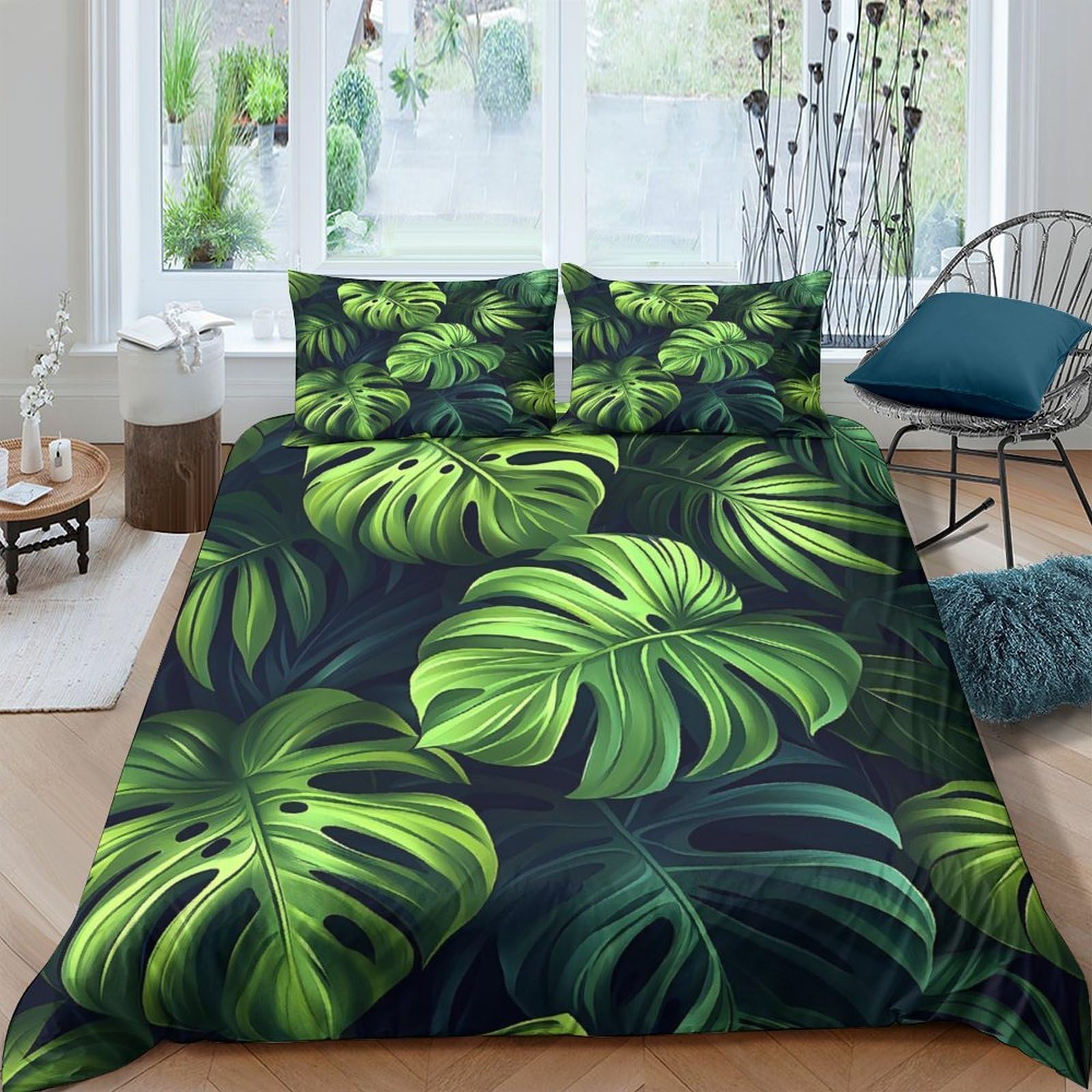 GPLZQXKJNH 3D Printed Monstera Leaf Duvet Cover Set Microfiber Soft Green Tropical Bedding Set with 2 Pillowcases for Bedroom Decor Single（135x200cm）