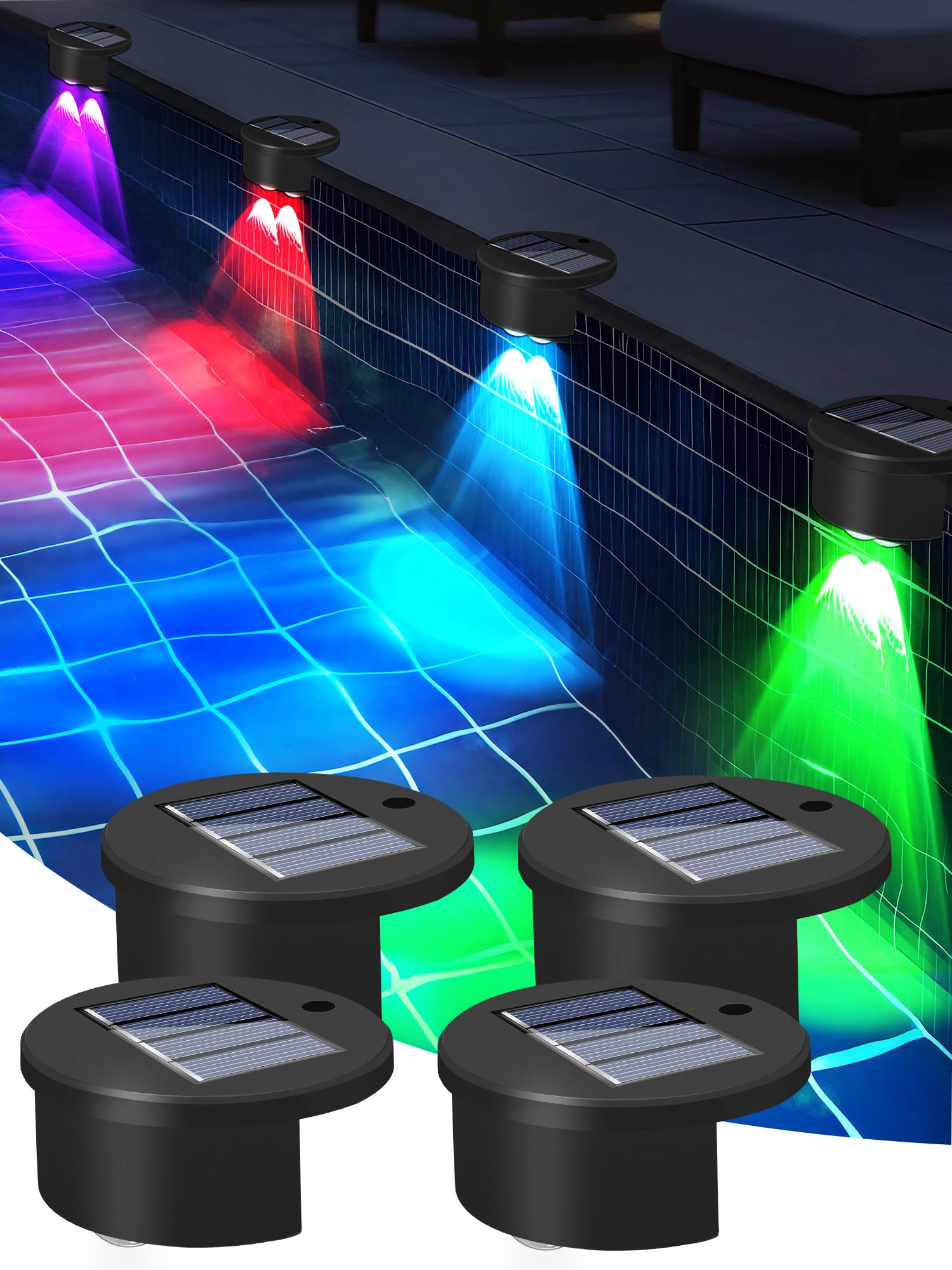 Rinfency Doppelte Lichter Solarleuchten für Terrassen und Pools, RGB-Solarleuchten für den Außenbereich, LED-Solarleuchten für oberirdische Schwimmbecken, Zubehör für Trampolin, Terrasse, Zaunpfosten