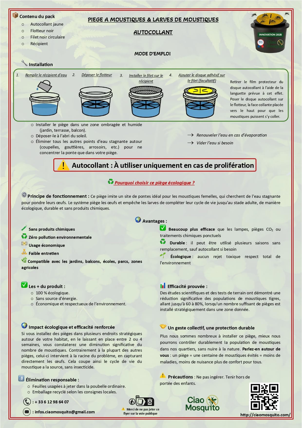 Nouveau 2025 – Ciao Mosquito® Piège Moustique avec Récipient – Flotteur + Filet + 2 Disques Jaunes Jardin, Extérieur, Écologique, sans Produit Chimique, Tigre & Larves, Haute Efficacit