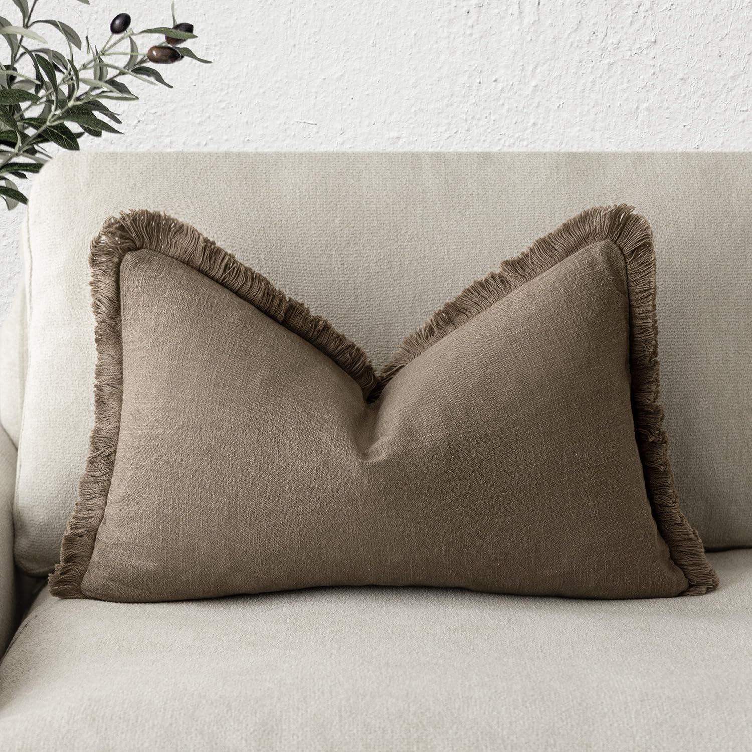 Foindtower Decorative 12×20 Inch, 1PC, Cozy Boho Farmhouse Cushion Cover with Tassel Linen Fringe Lumber Throw Pillow Covers Soft Accent Pillowcase for Sofa Bed Living Room Home Decor, Light Brown