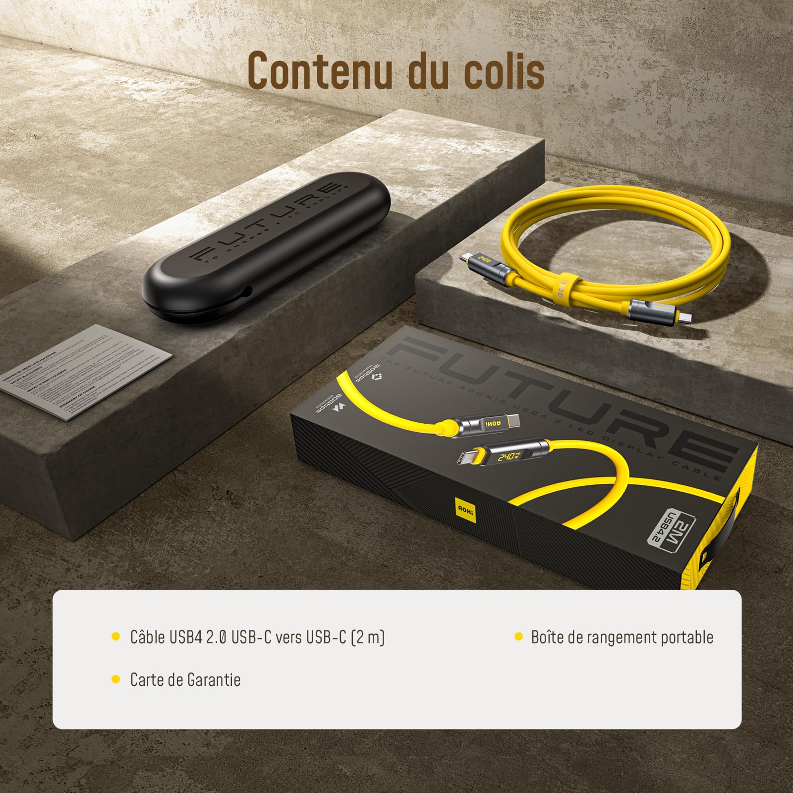 AOHI Câble Thunderbolt 5 avec affichage LED, 1m, charge rapide PD 3.1 240W, transfert de données 80 Gbit/s, double affichage 8K, câble USB-C Future Adonis pour MacBook/iPhone 17 (100, Centimètres)