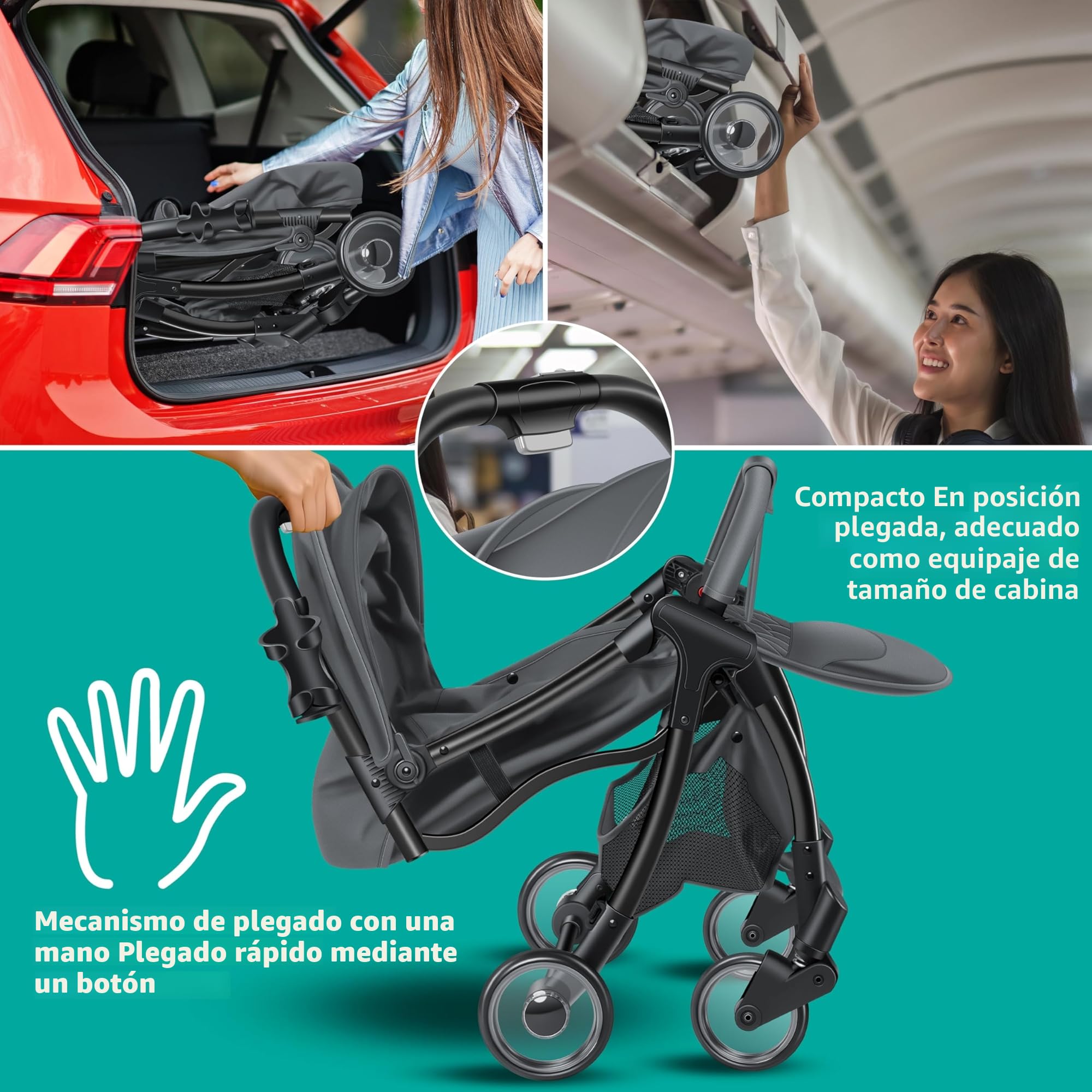 KIDIZ® Premium Silla de Paseo, Buggy, Ruedas de 360°, Arnés de 5 puntos, Incluye portavasos y protector de lluvia, Respaldo ajustable y capota, Plegable, Antracita