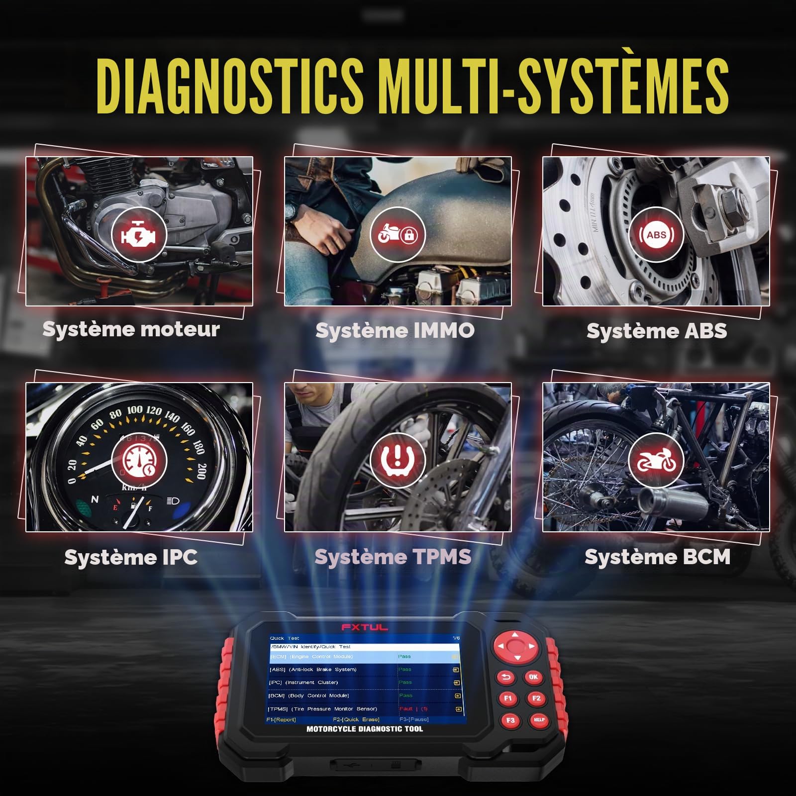 Scanner Diagnostic Moto multisystème écran 5" IPS données en Direct | Diagnostic ECM ABS TPMS IMMO, 19 langues, 70+ marques moto, 100+ fonctions service, reconnaissance VIN auto