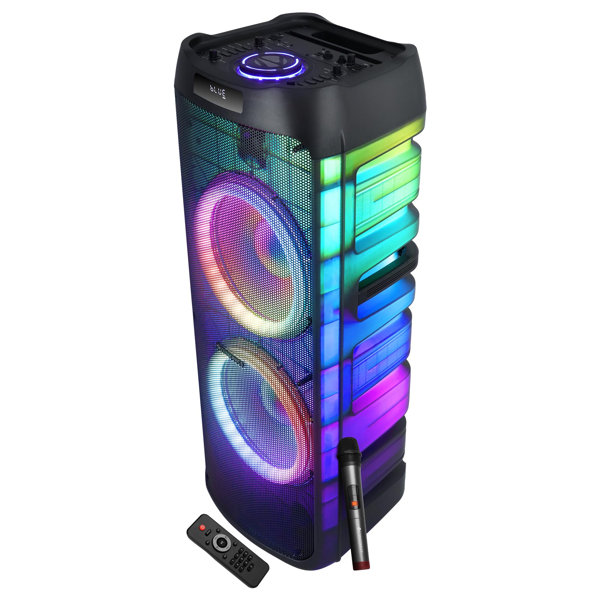 ZEBRONICS 240W Party Trolley DJ Speaker, 11h Playback, Wireless UHF Mic, Karaoke & Recording, Dual 30.48cm High-Fidelity Drivers, TWS, 6.3mm Mic & Guitar Inputs, Bluetooth, USB, RGB (Glow Box 12B)