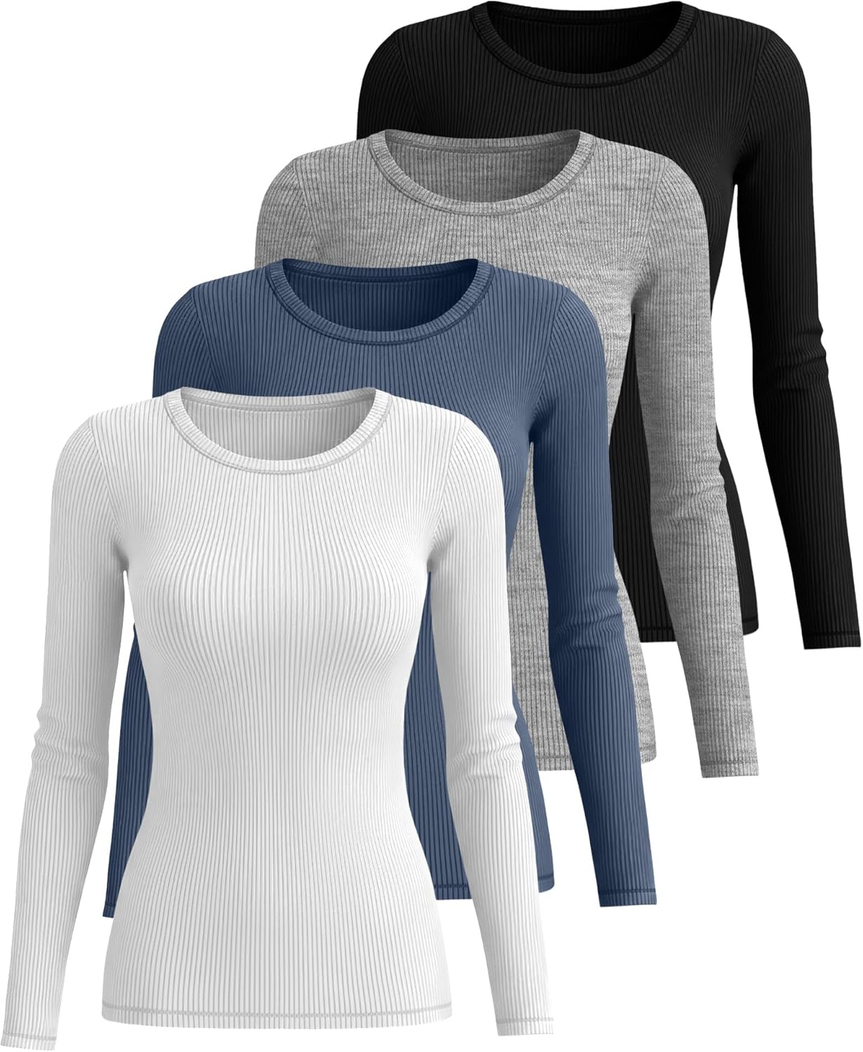 Neer 4 Pack Women's Ribbed Long Sleeve Shirts, Cotton Crew Neck Slim Fit Tops Stretch Knit Casual Base Layer Basic Tee Shirts - Image 4