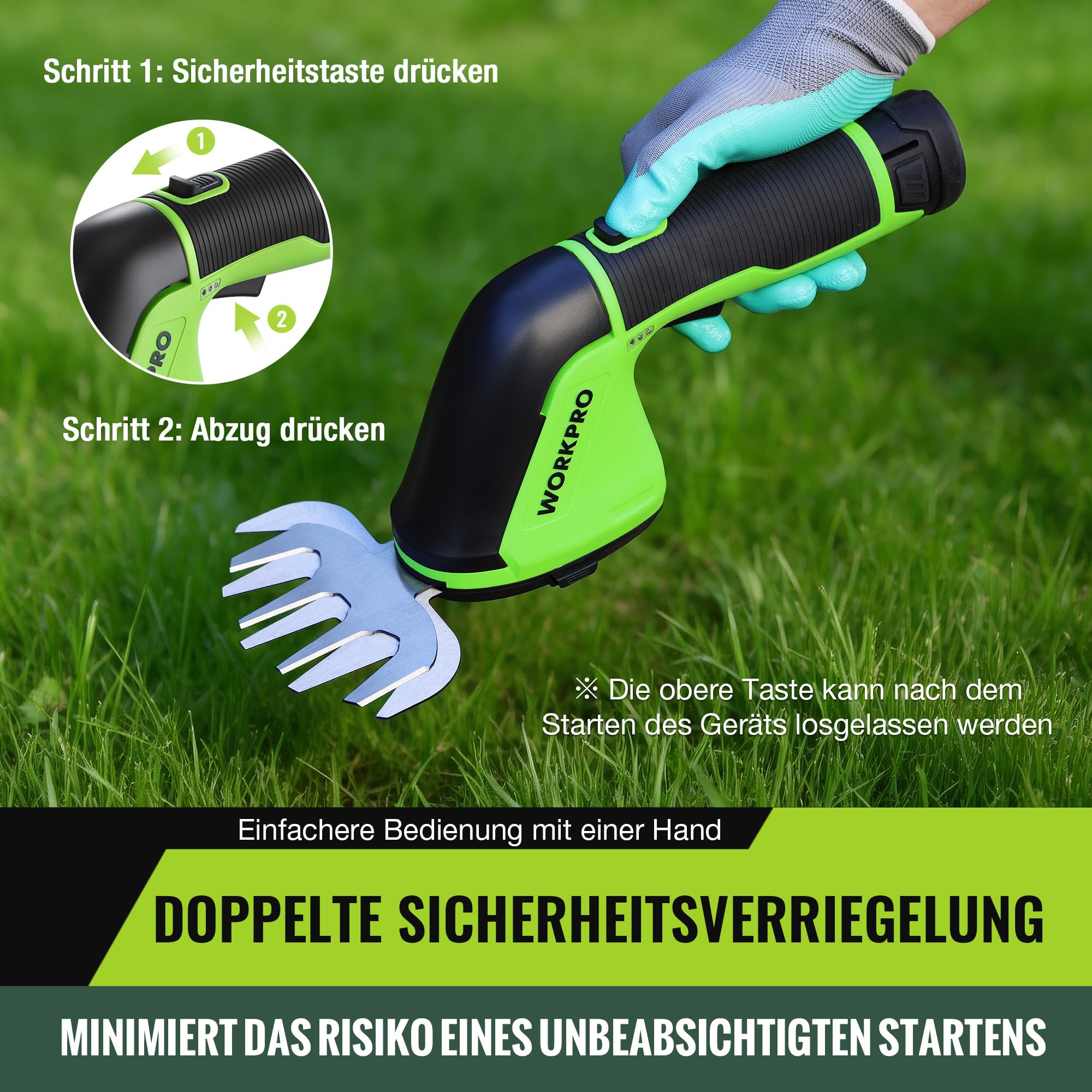 WORKPRO Gartenschere Akku 12V, 2 in 1 Gras- & Strauchschere mit 2 Messern | Schnittbreite 125 mm, Schnittlänge 160 mm, 2000 mAh Akku, Heckenschere Elektrisch für Rasenkanten, Strauchschnitt