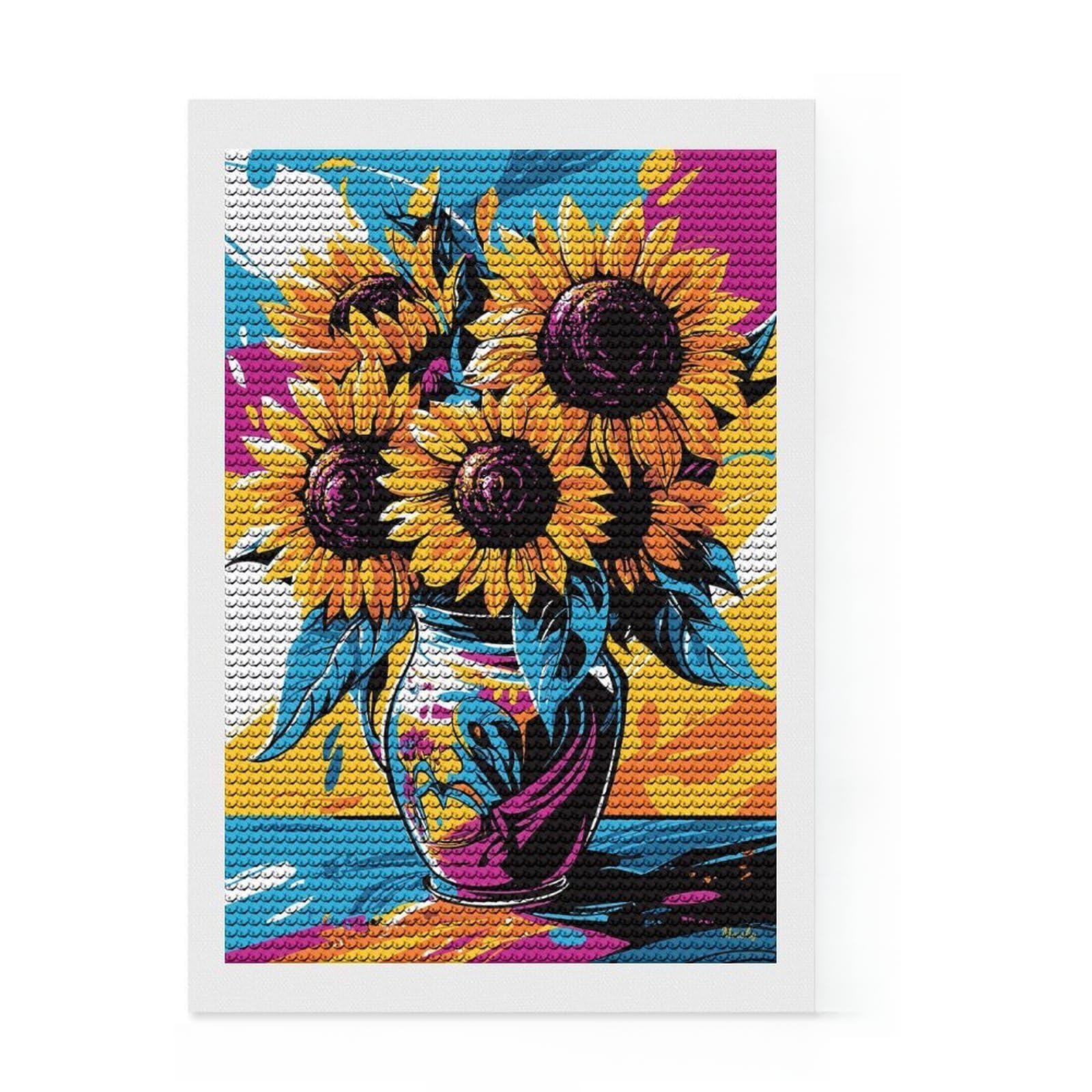 Junmoney Pop Art Vision of Sunflowers 5D Diamond Painting Kit 8"x12", Round Gems, Christmas Gift, Easy Craft Set, Vintage Style Decor, for Adults