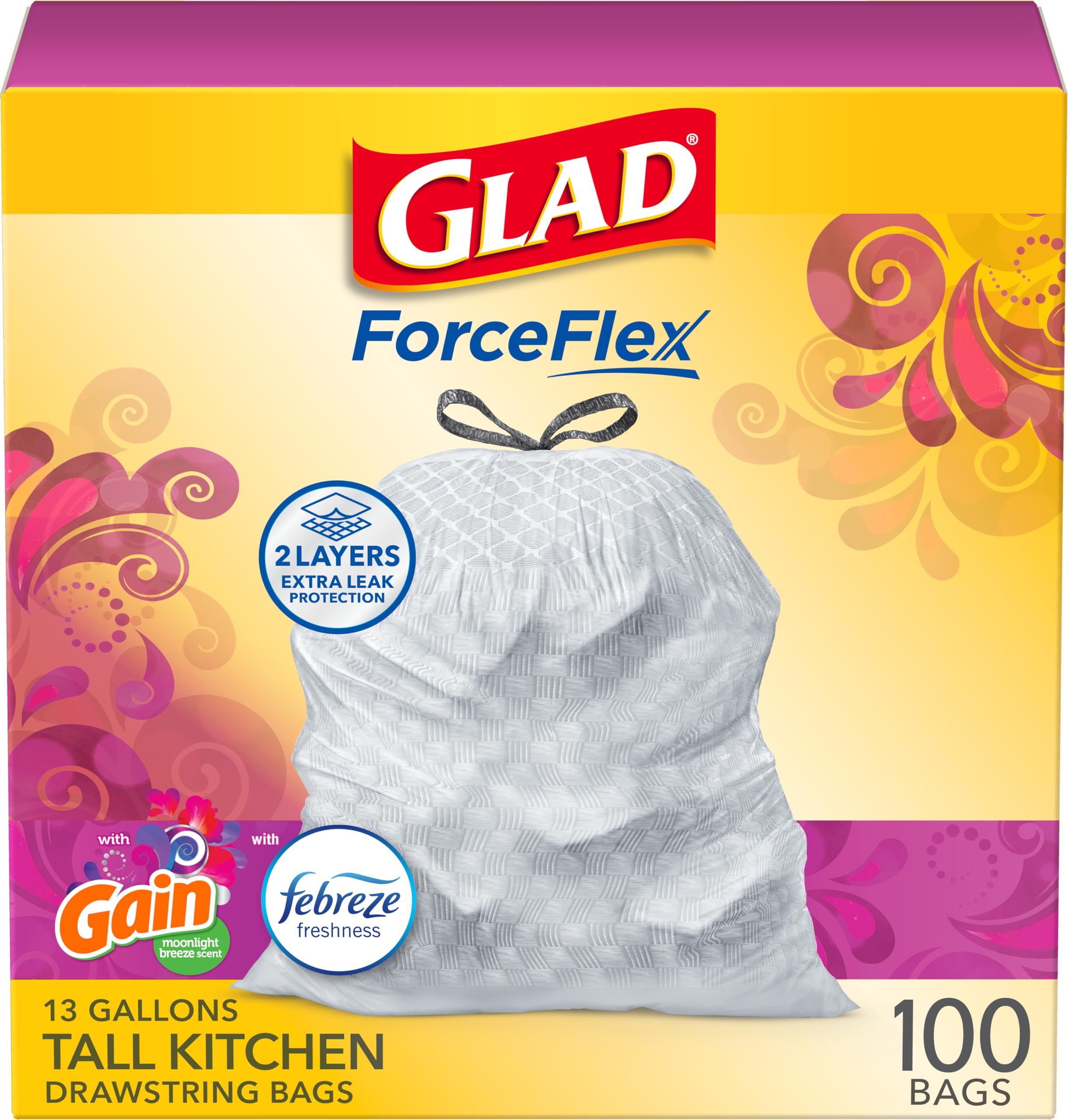 Glad ForceFlex Tall Kitchen Trash Bags, 13 Gallon, Gain Lavender, 110 Count (Package May Vary)