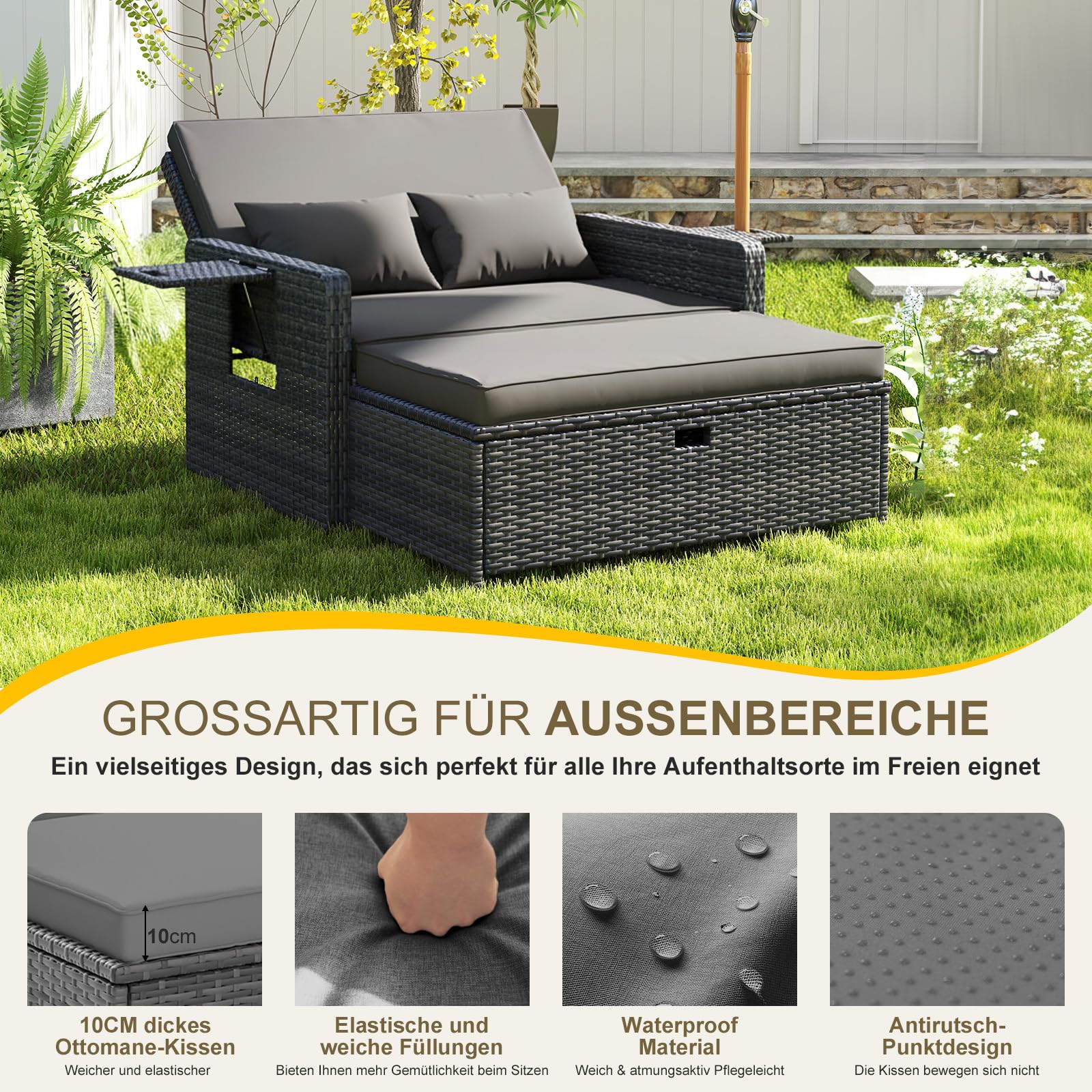 UDPATIO Rattan Lounge Möbel Outdoor, Lounge Balkonmöbel Gartensofa mit Hocker,Rattan Sofa mit Stauraum, Verstellbares 2 Sitzer Garten-Bett für Terrasse,Balkon,Garten,Grau-meliert & Dunkelgraue Bezüge