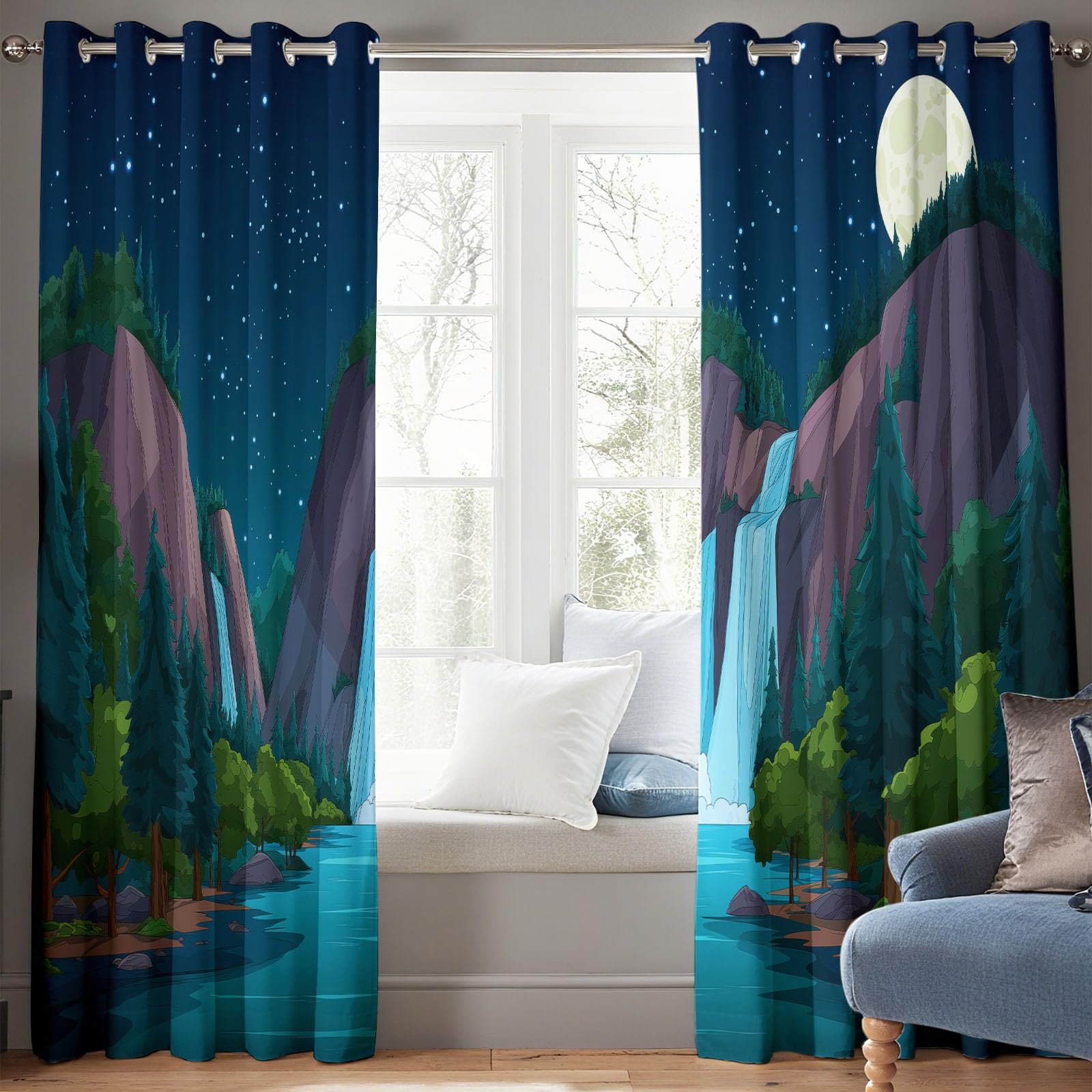 Berge Wasserfall Sternenhimmel 2er Set Verdunkelungsvorhänge mit Ösen, Cartoon Blickdicht Thermo Isoliert Vorhänge für Wohnzimmer & Schlafzimmer, HxB 214 x 91.5 cm