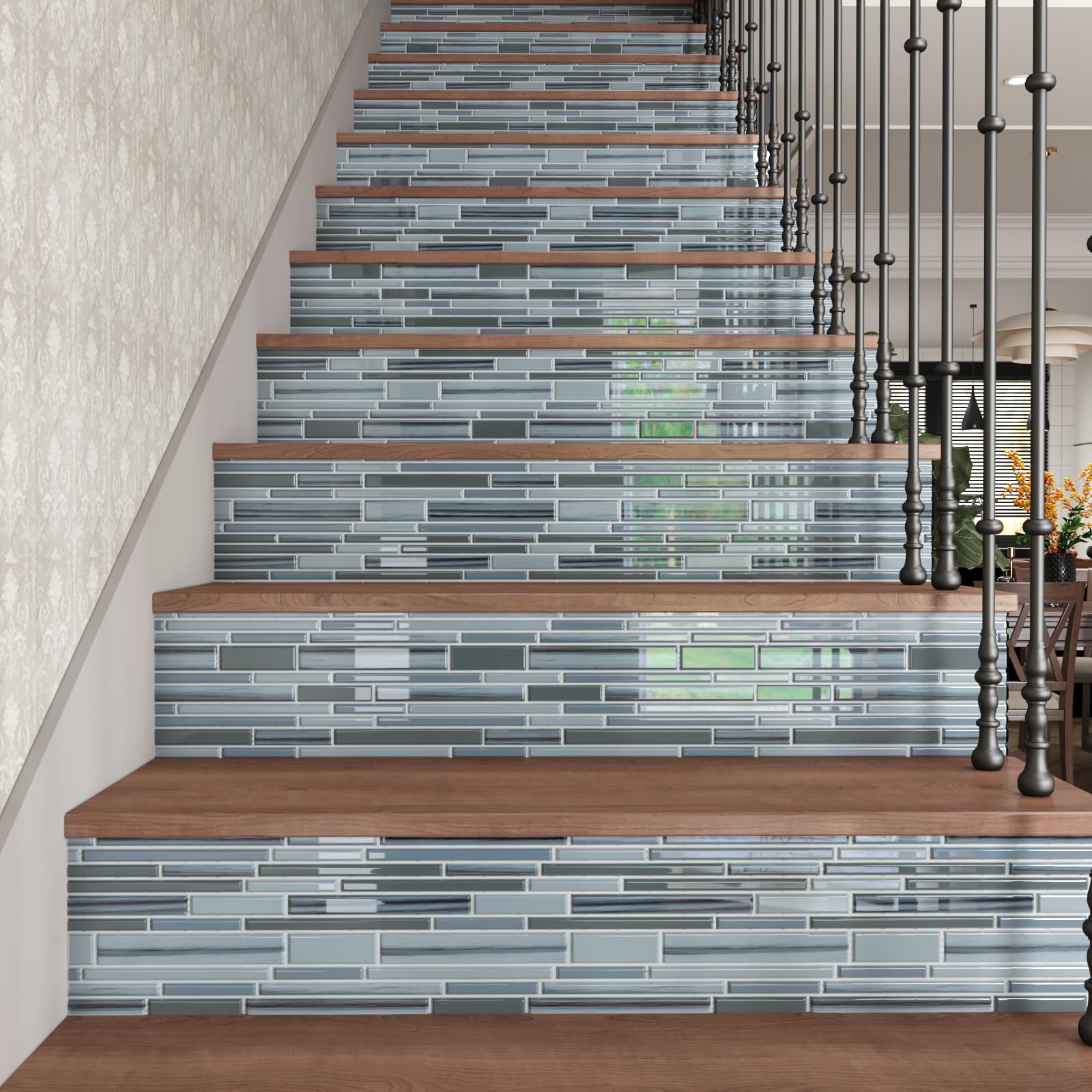 CRE8TIVE 4-Sheet Blue Peel & Stick Backsplash – 12x12 Glossy 3D Subway Tiles With Grout Lines For Kitchen, Bathroom, Living Room & Fireplace – Waterproof & Removable