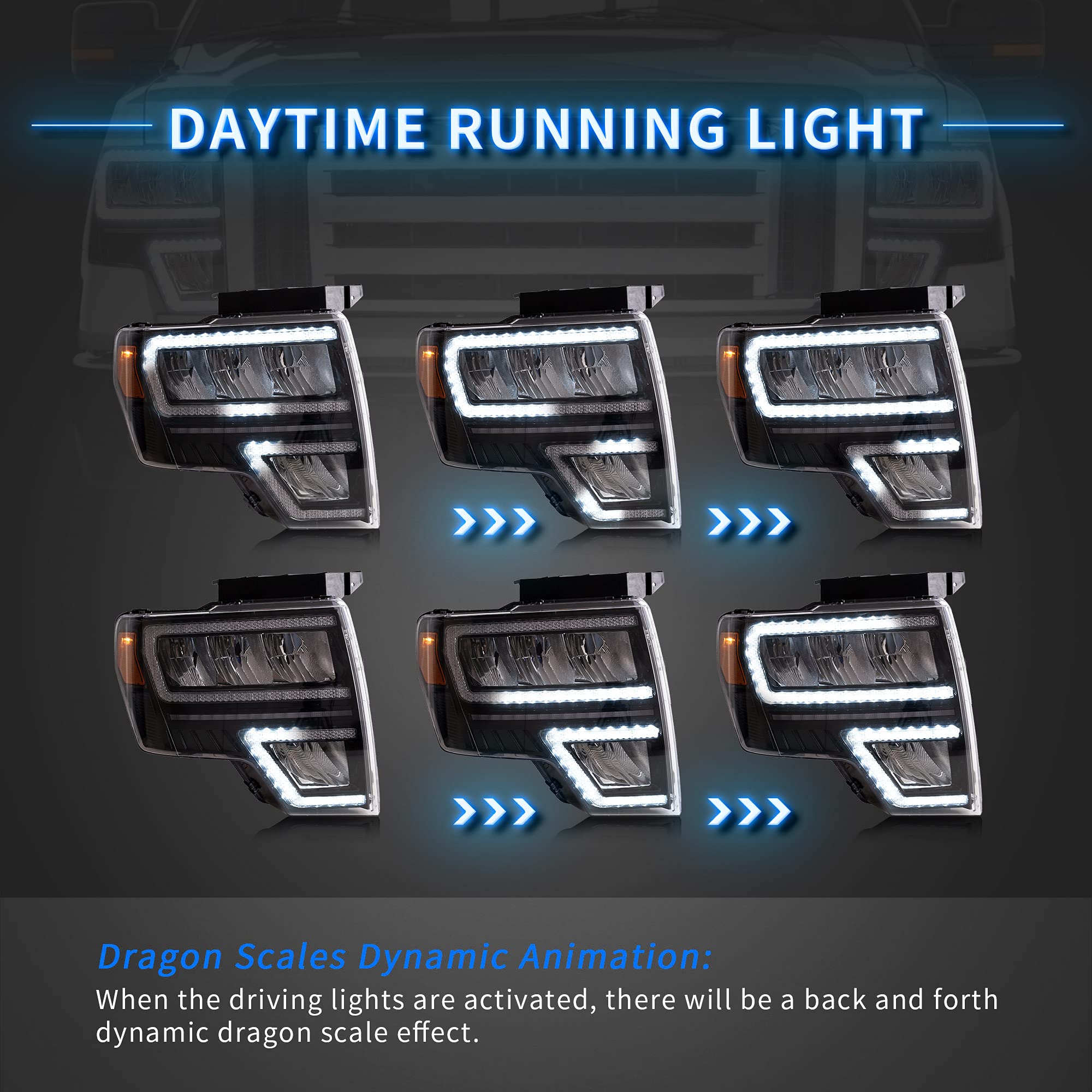 VLAND Reflektory LED z miską odblaskową dla Fo-rd F150 2009-2014 (nie dla F250 F350), przednie lampy z powitaniem / oddychaniem dynamicznym DRL i sekwencyjnym kierunkowskazem