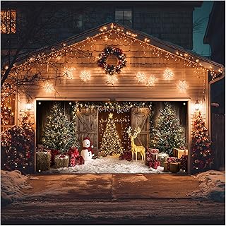 Christmas Garage Entryway Banner 13x6ft Wooden Wall & Entryway Background with Trees Snowman Reindeer Gifts Snowflakes and Lights for Outdoor Xmas Decoration Backdrop Yard