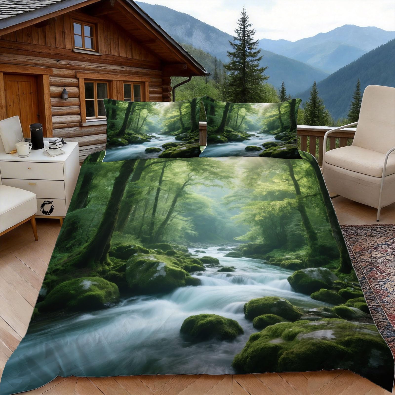Housse de couette 140x200 ruisseau de forêt 1 personne avec 2 taies
