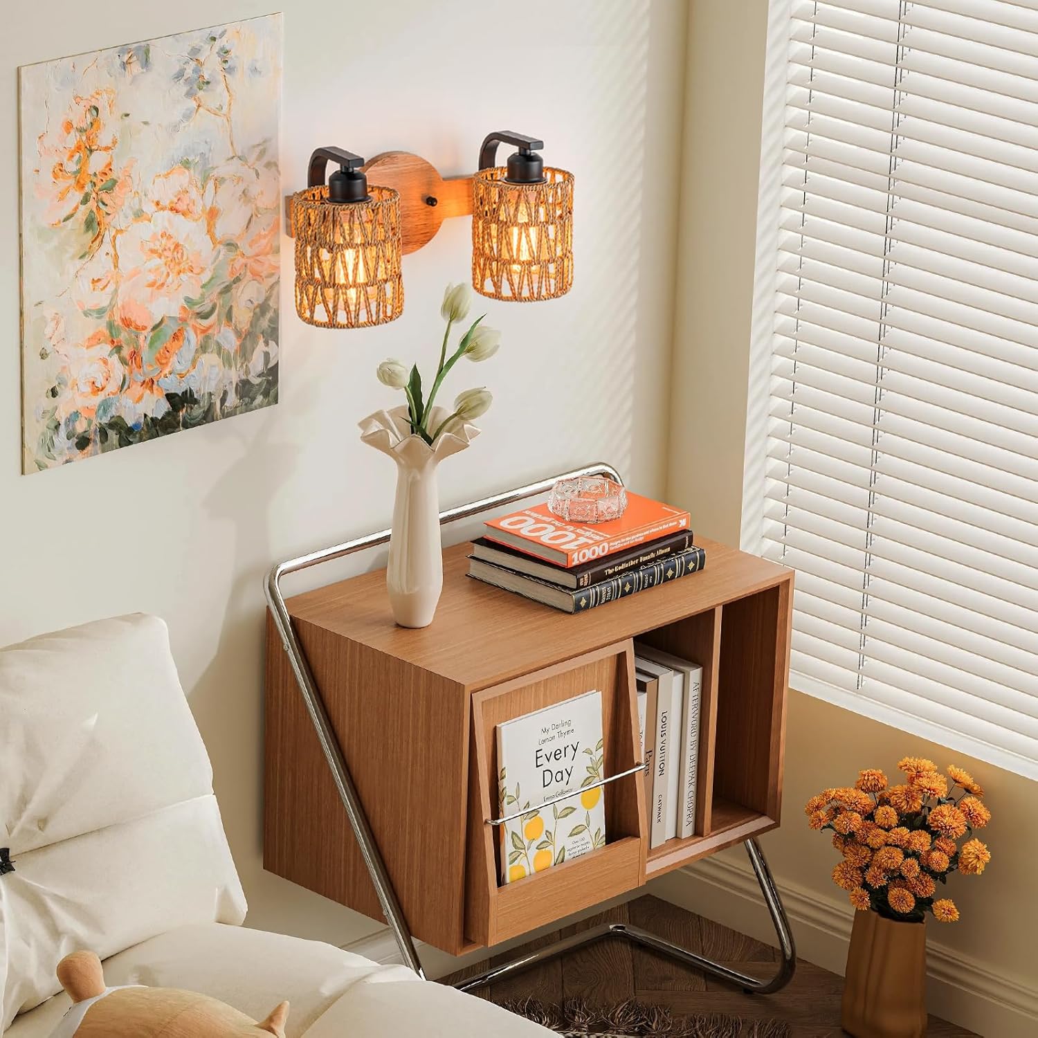 Bathroom Vanity Light Fixtures,2-Light Rattan Bathroom Lighting Fixtures Over Mirror,Farmhouse Wall Sconces Boho Woven Lampshade,Rustic Wall Mounted Wooden Base Wall Light for Bedroom Hallway Stairs