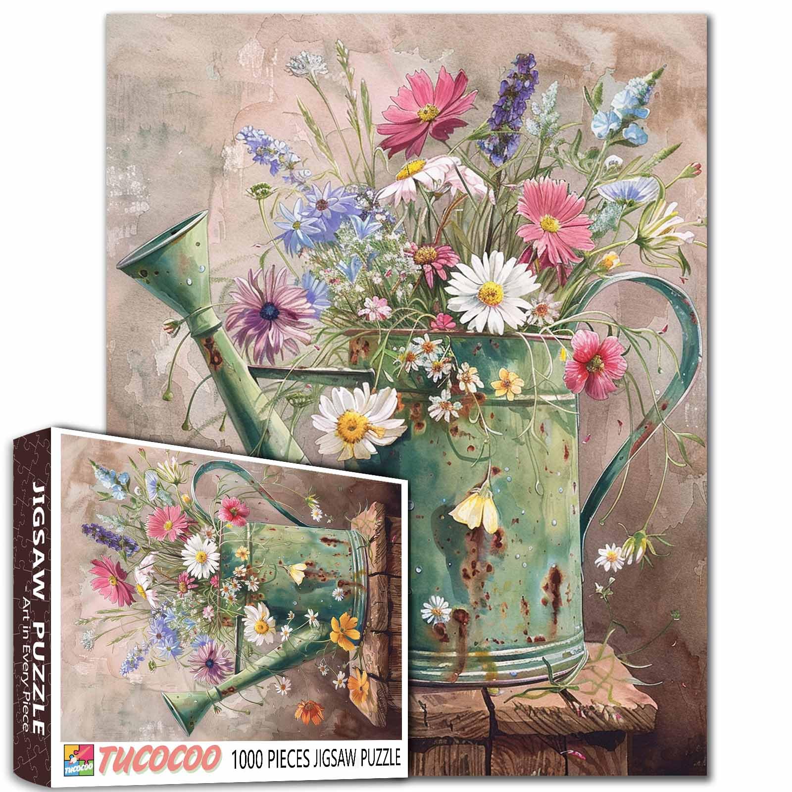 Vintage Watercolor Green Watering Can 1000 Piece Jigsaw Puzzle for Adults Students, Wild Flowers Rustic Farmhouse Style 20ร27 Inches Jigsaws High Detail Home Wall Decor Educational Puzzles โ image 1