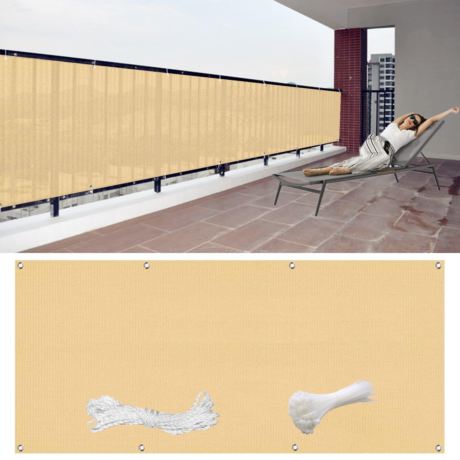 Telo Privacy Balcone 60 x 500 cm Recinzione Copertura, Telo Copribalcone, Rete Telo Ombra Protezione della Privacy Frangivento,Anti-UV per Balcone Giardino, Giallo Sabbia