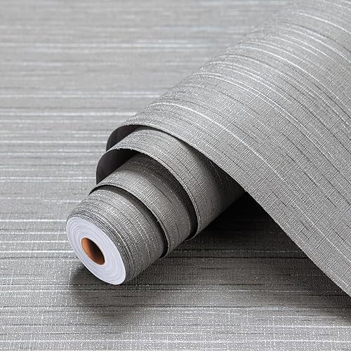 Papel tapiz autoadhesivo para despegar y pegar, color gris oscuro, 24 x 393 pulgadas, tela de lino, papel adhesivo de vinilo grueso para paredes,