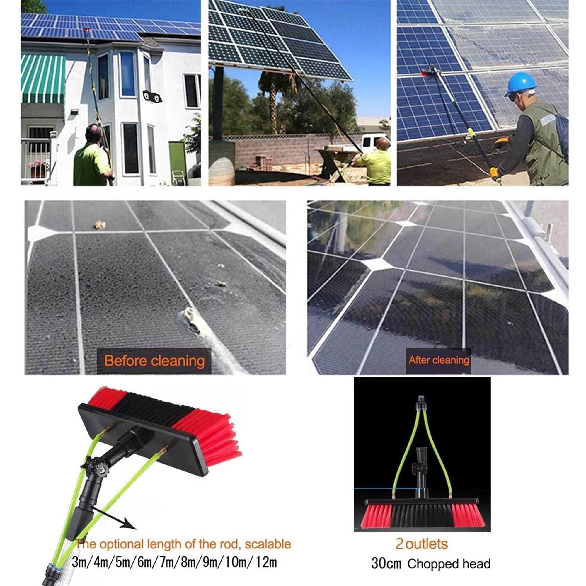 detergente Pannelli fotovoltaici Kit con Asta telescopica ad Acqua e Testina Rotante - Spazzola telescopica per la Pulizia di Pannelli solari e finestre, Ideale per la Pulizia di finestre al
