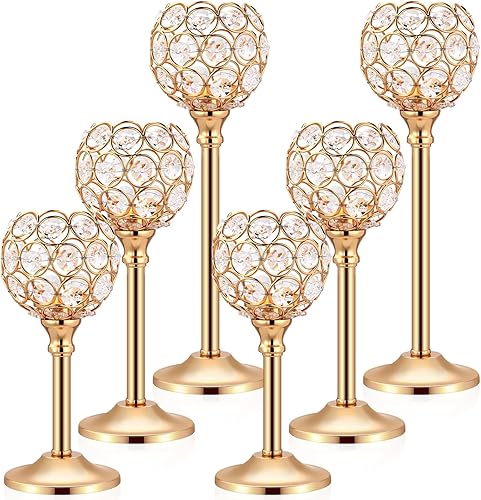 Mimorou Paquete de 6 portavelas de cristal dorados o plateados, candelabros de cristal a granel para bodas, fiestas, San Valentín, Navidad, centros