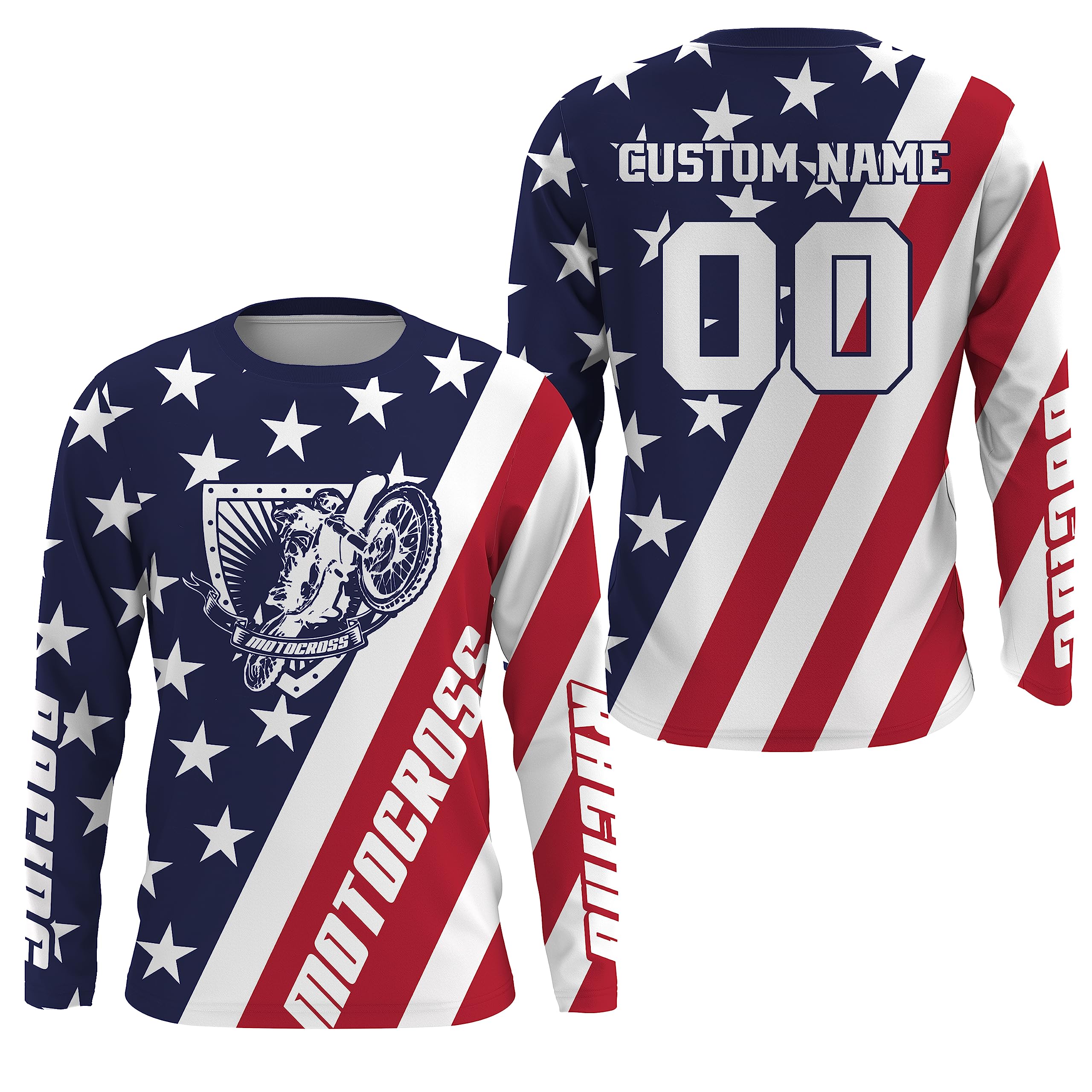 Personalized Motocross Jersey UPF30+, American Flag Dirt Bike Racing Shirt, Off-Road Rider Racewear for Kid Youth Men| XM07 (Adult Jersey)