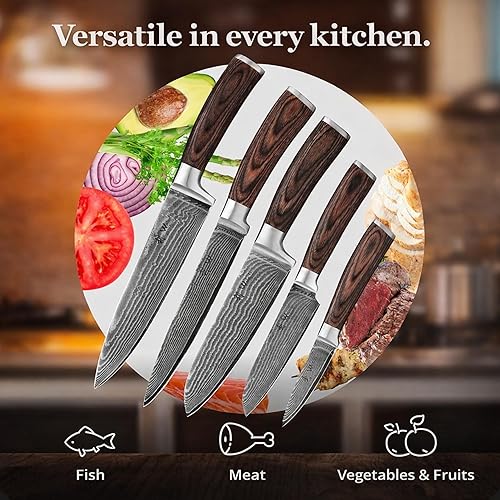 Miniatura 6 de Wakoli EDIB Juego de Cuchillos de Damasco de 5 Piezas – Juego de Cuchillos de Chef Profesionales con Hojas de Núcleo VG10, Acero de Damasco de 67