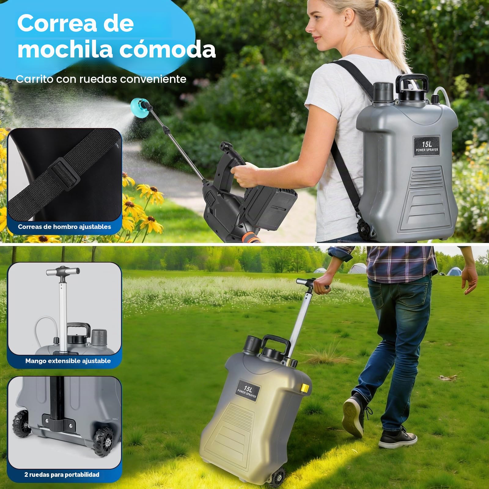15L Pulverizador Electrico con Carro,Pulverizador Jardín Compatible Baterías Makita 18V,Mochila Pulverizadora,Pulverizadora Bateria con 5 Boquillas,3 Velocidad Ajustable, 3.0Ah Bateria,Telescópica