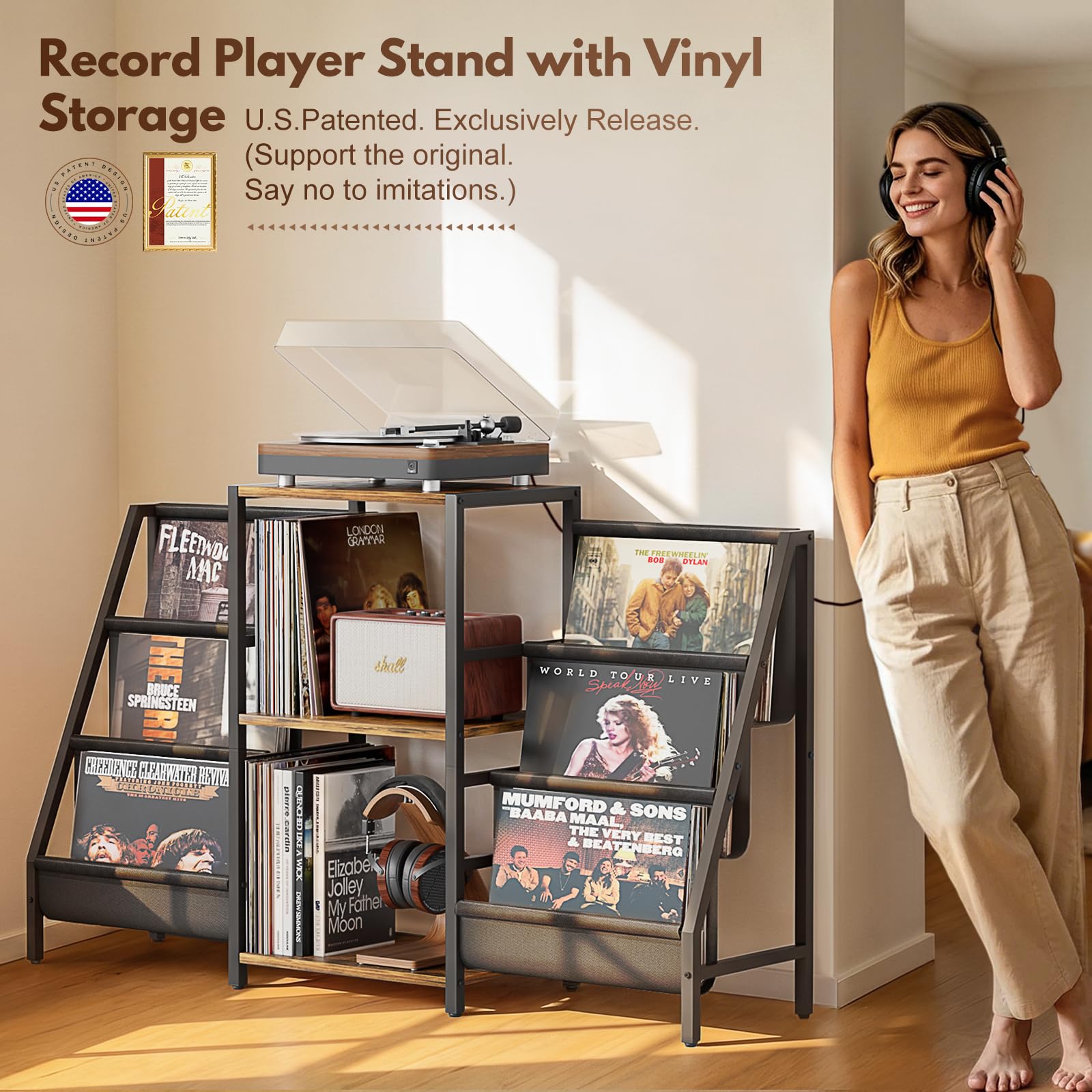 Stojak gramofonowy z miejscem na płyty winylowe, stół gramofonowy z miejscem na płyty winylowe, do 280 albumów, stojak obrotowy z uchwytem na płyty, winylowa półka ekspozycyjna, szafka na płyty