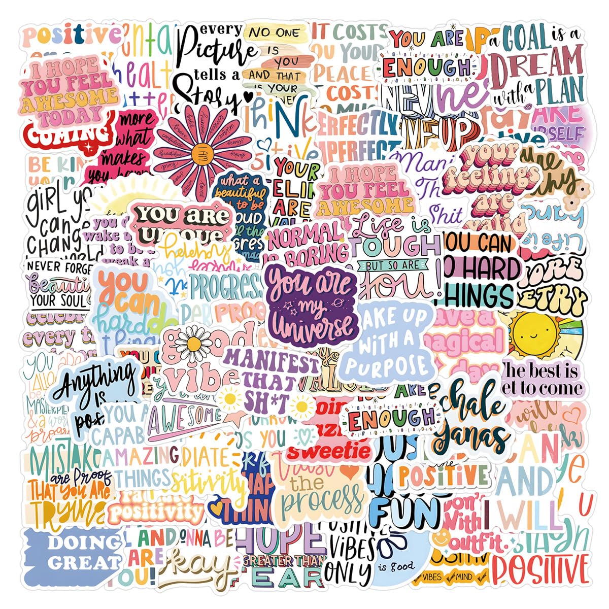 110 Pcs Positivity Scrawl Stickers for Guitar,Bicycle,Laptop,Water Bottles,Skateboard,Computer,Incentive Phrase Cute Style Stickers Waterproof Vinyl,Graffiti Decoration for Girls Boys Children Teens