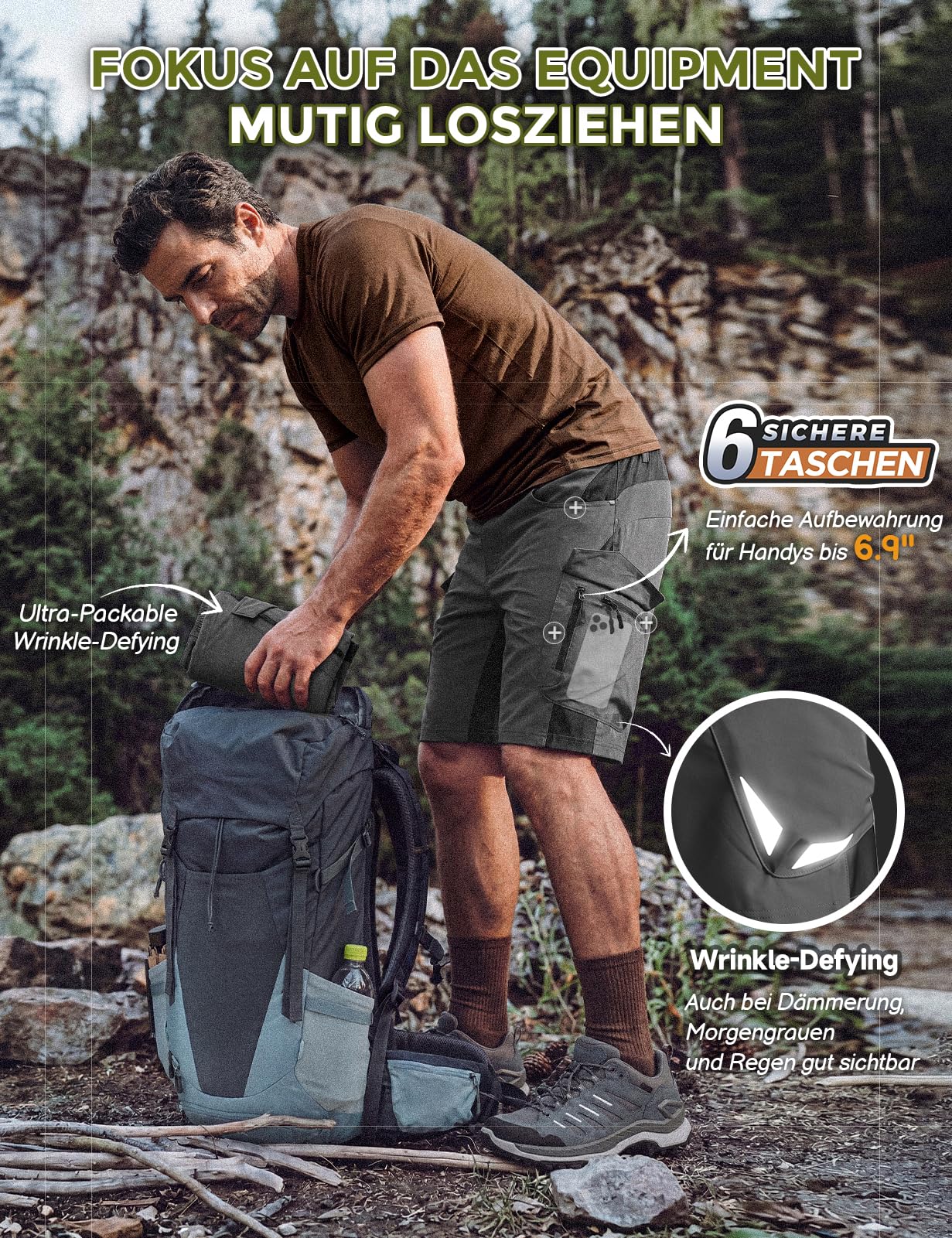 Wespornow Shorts Cargo Hommes 6 Poches Pantalons Travail VTT Stretch Randonnée Estivale