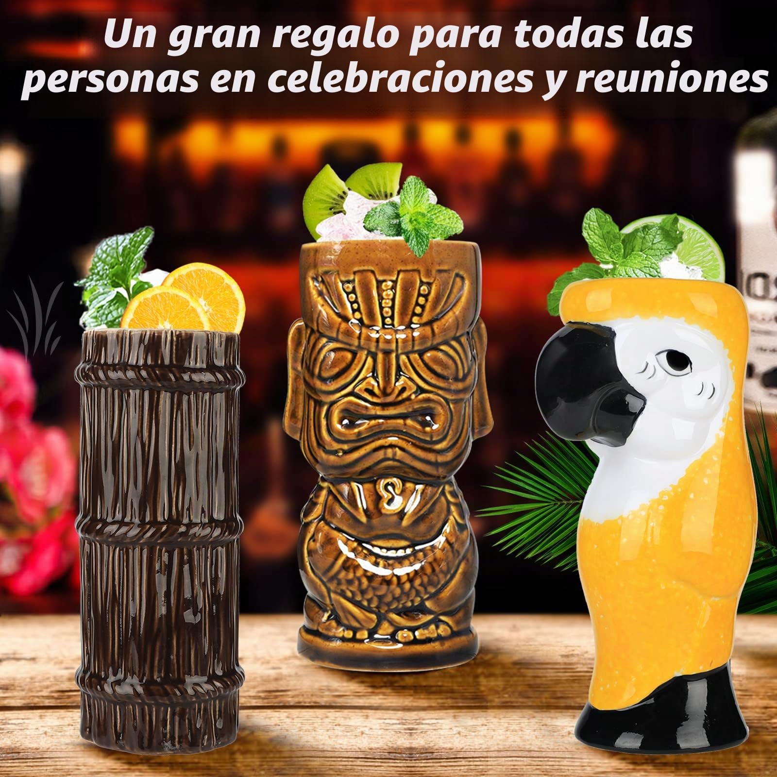 SuproBarware Juego de 8 vasos de cóctel Tiki de cerámica colorida, decoración de fiesta hawaiana para fiestas exóticas