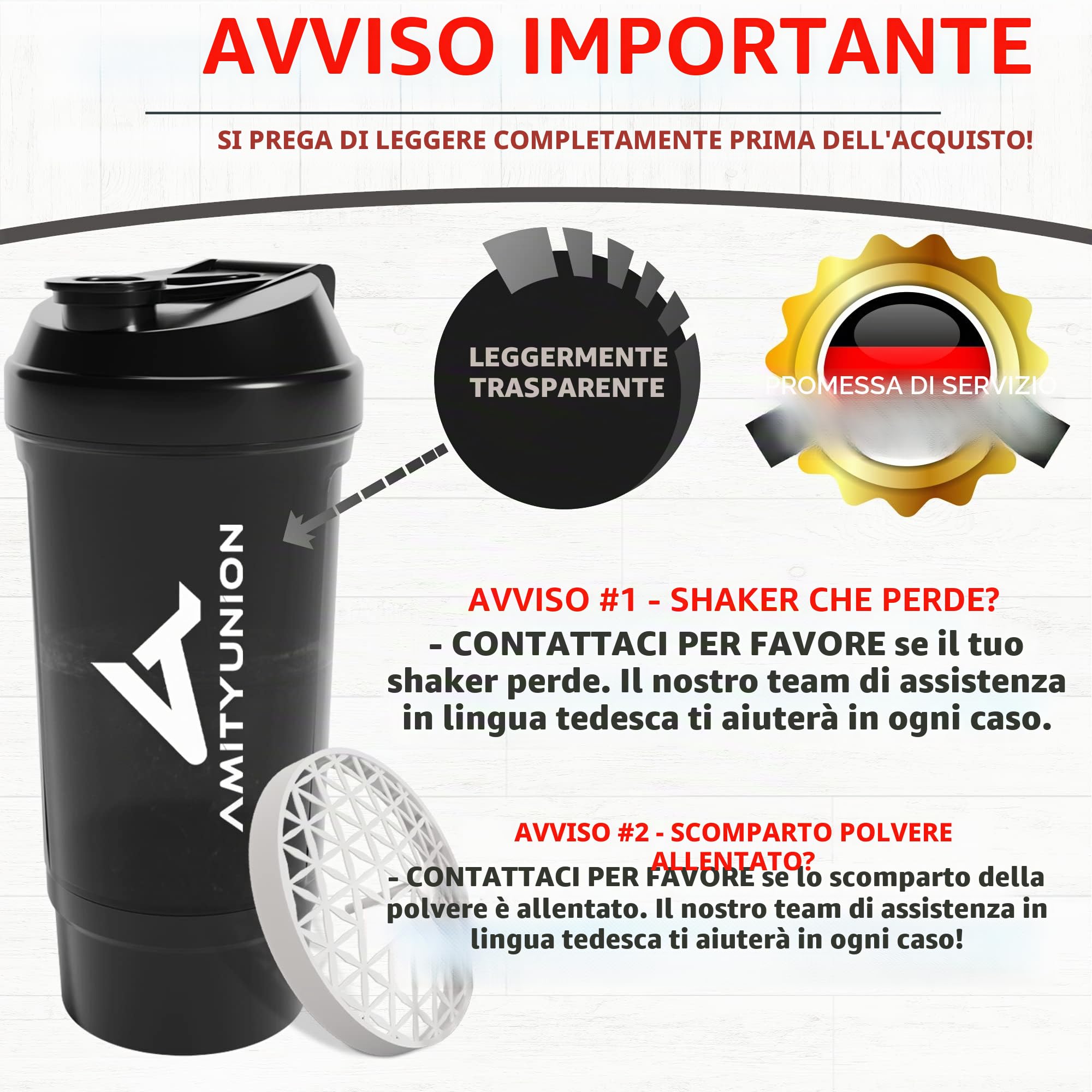 AMITYUNION Shaker per proteine ​​FYRA 700 ml con contenitore - scomparto polvere - shaker per proteine, senza BPA con setaccio e scala per frullati di siero di latte e BCCA, (Black)