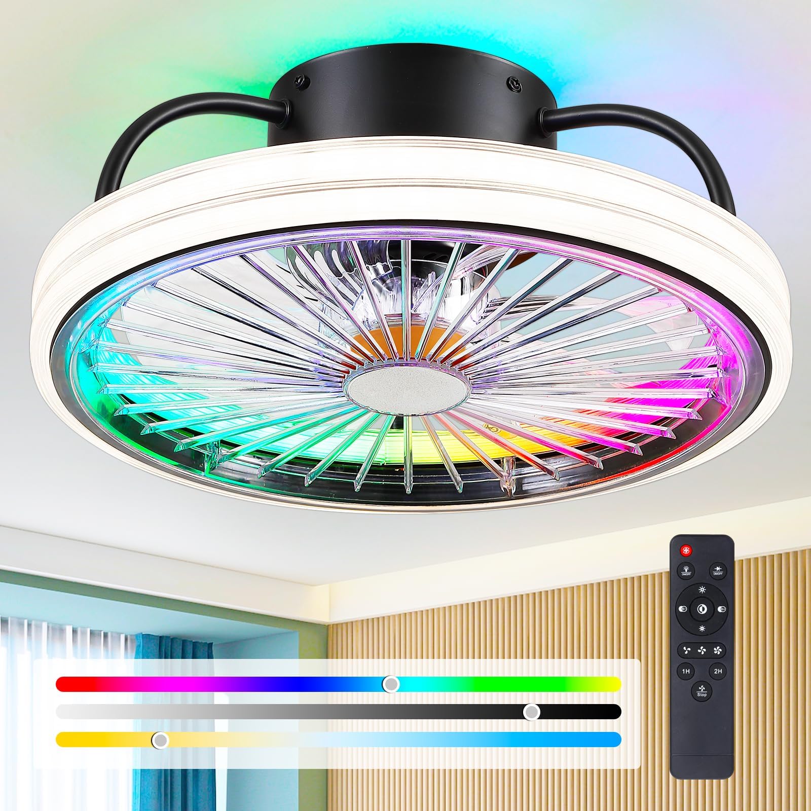Mpayel Low Ceiling Fan with Light Modern Ceiling Fan 38CM RGB Dimmable Ceiling Fan with Housing Modern RGB LED Mood Lighting Leaf Free for Bedroom