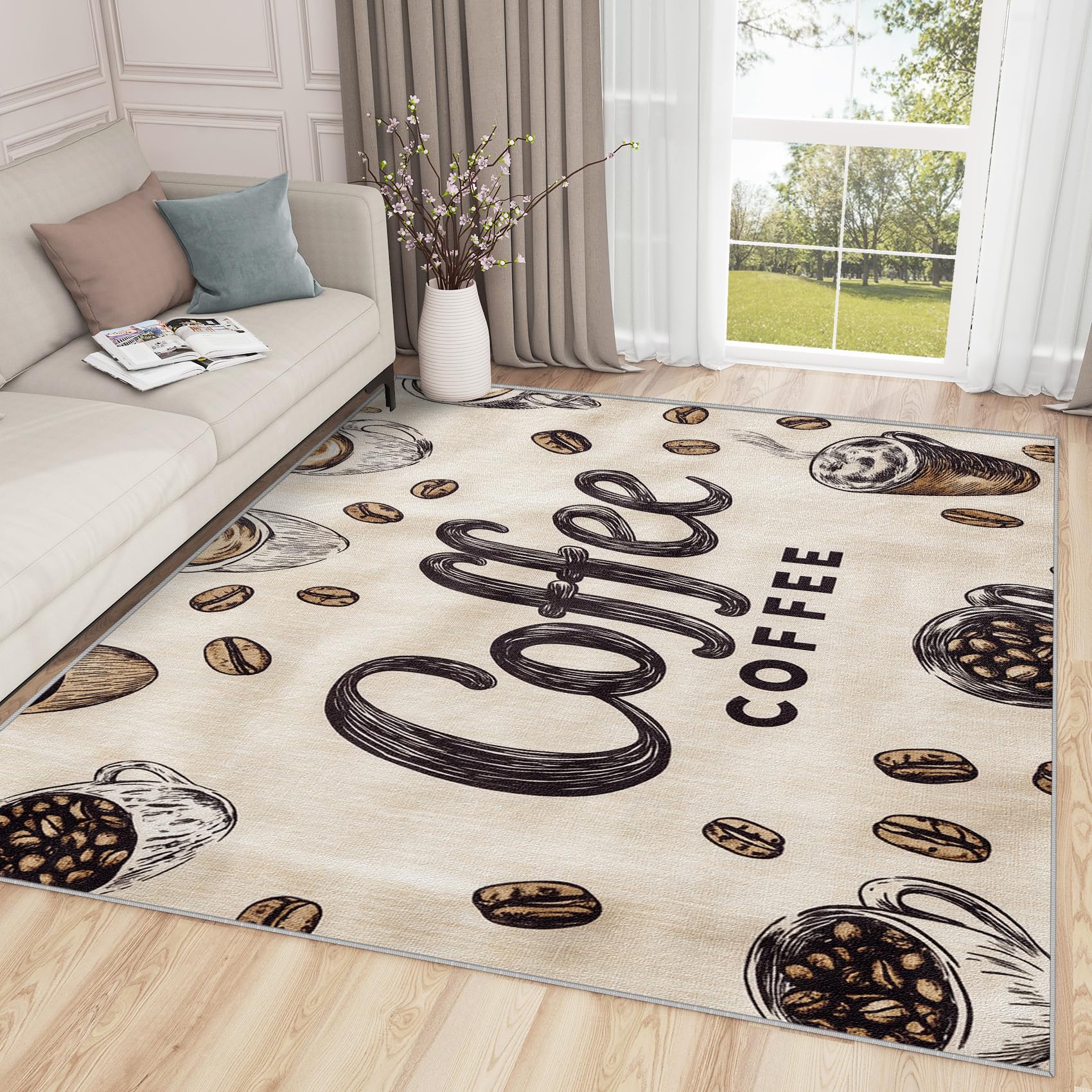 Coffee Rugs for Kitchen Floor - 4x6 Rug, Coffee Rug - Home Decor, Vintage Coffee Cup Area Rug, Coffee Beans Washable Rugs for Living Room Bedroom,
