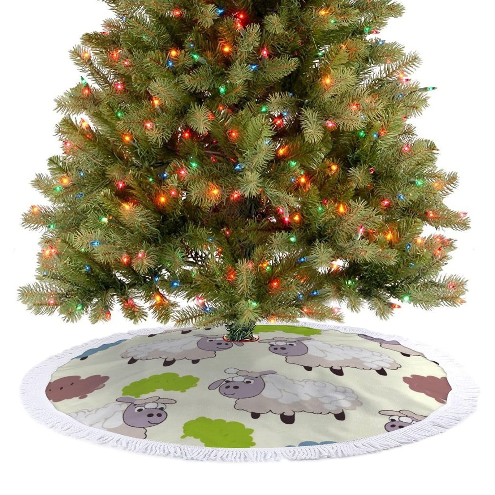 Cartoon Sheep Christmas Tree Skirt 48"x48" Rustic Xmas Tree Mat with Tassel Ornament Christmas Trees Cover Skirt Mat for Evergreen Trees Ornament Winter Holiday Mats Decorations