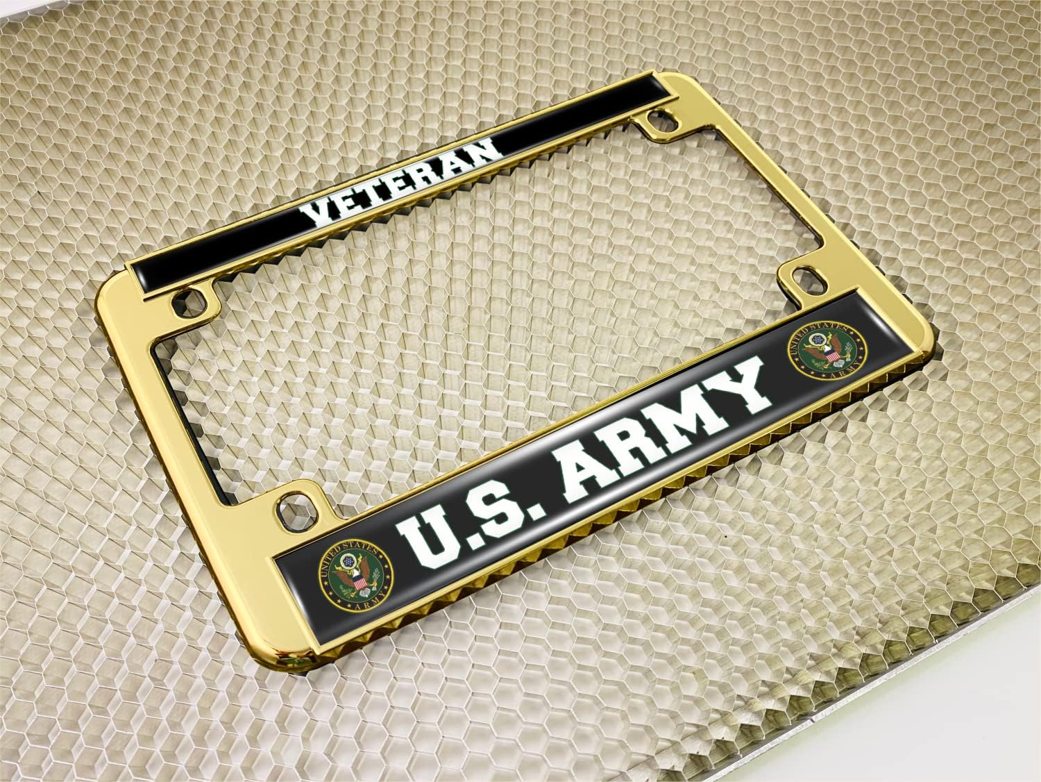 [Officially Licensed Product] - Motorcycle Metal License Plate Frame with U.S. Army Veteran Design - Gold