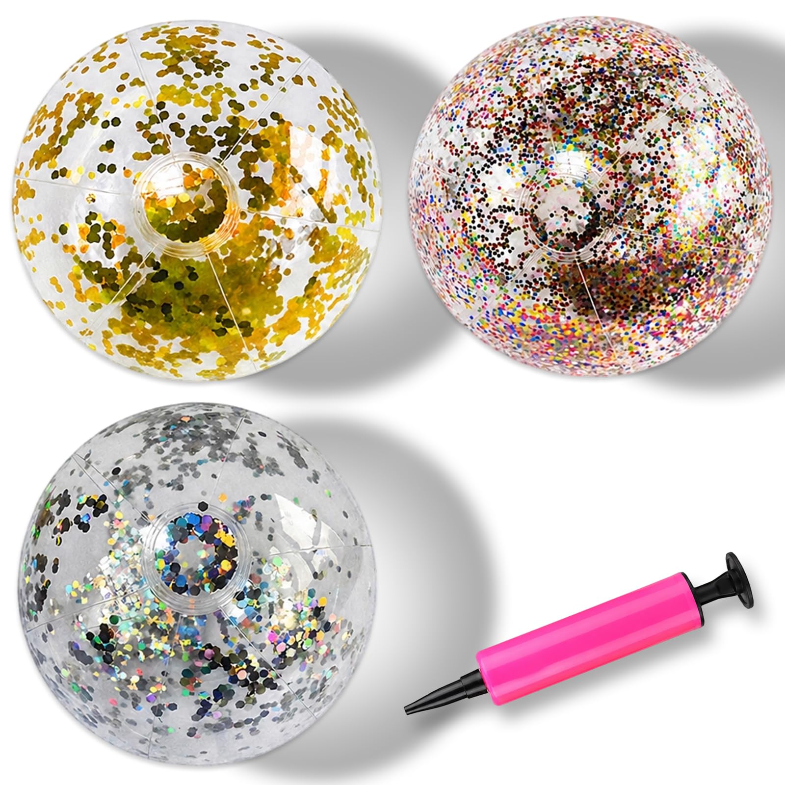JBLJDWD 3 Pack Beach Balls Glitter Design Shimmering Summer Fun Vibrant Colors For Pool Beach Sand Party Outdoor Easy Inflate Secure Lightweight Portable Set