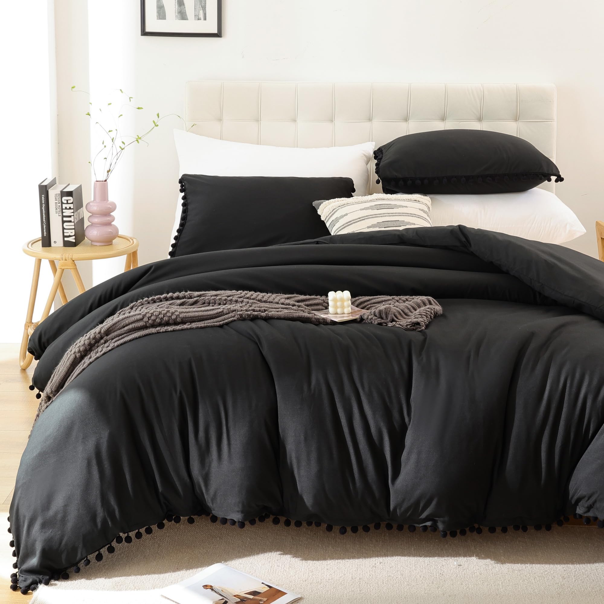 Smoofy Black Pom Fringe King Comforter Set Boho Chic Cute Ball Pom Bedding Set Cali Soft Warm Vintage Lightweight Solid Comforter 3 Pieces (1 Pom Comforter, 2 Pillowcases)