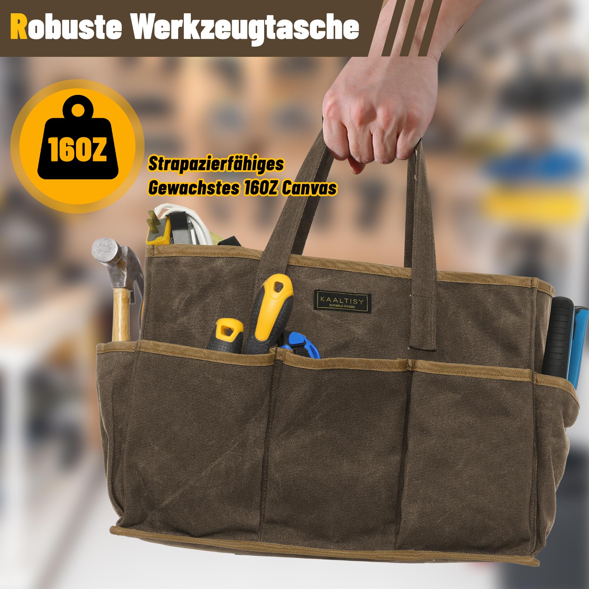 Canvas Werkzeug Tasche, 16OZ Waxed Canvas Werkzeug - Aufbewahrungstasche für Gartengeräte Schraubenzieher - Grau, Tragbare 11 Taschen Garten Tote Bag mit Griff (36 x 14 x 26.5cm)
