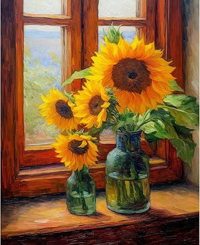 Miniatura 2 de Tucocoo Jarrón de girasoles de pintura por números con pinceles y pigmento acrílico sobre lienzo para adultos, ventana rústica, proyecto de