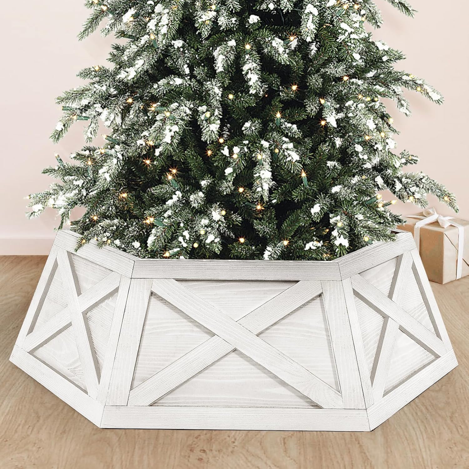 Wooden Christmas Tree Collar, 42'' Extra Large Hexagon White Tree Base Cover Decor for Artificial Tree, Rustic Farmhouse Tree Skirt Alternativefor 7.5 ft 9 ft 12ft Tree, Fit 36 Tree Stand 36'' Extra Large White