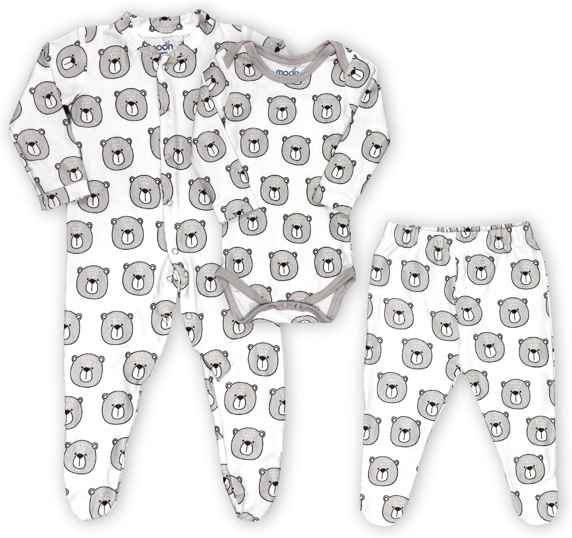 The Moon Brand Organic Baby 3 in 1 Gift Set RomperBody SuitJogger– for 3-6 Months Full Sleeve, Pure Cotton Soft, Smooth, and Machine Washable Breathable Fabric - Bear Print