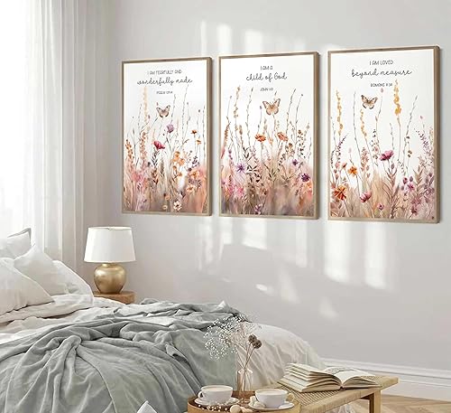 Miniatura 4 de 3 piezas de lienzo cristiano para cuarto de bebé, versículo bíblico, flores silvestres, pintura floral, cuadros, decoración de pared, póster