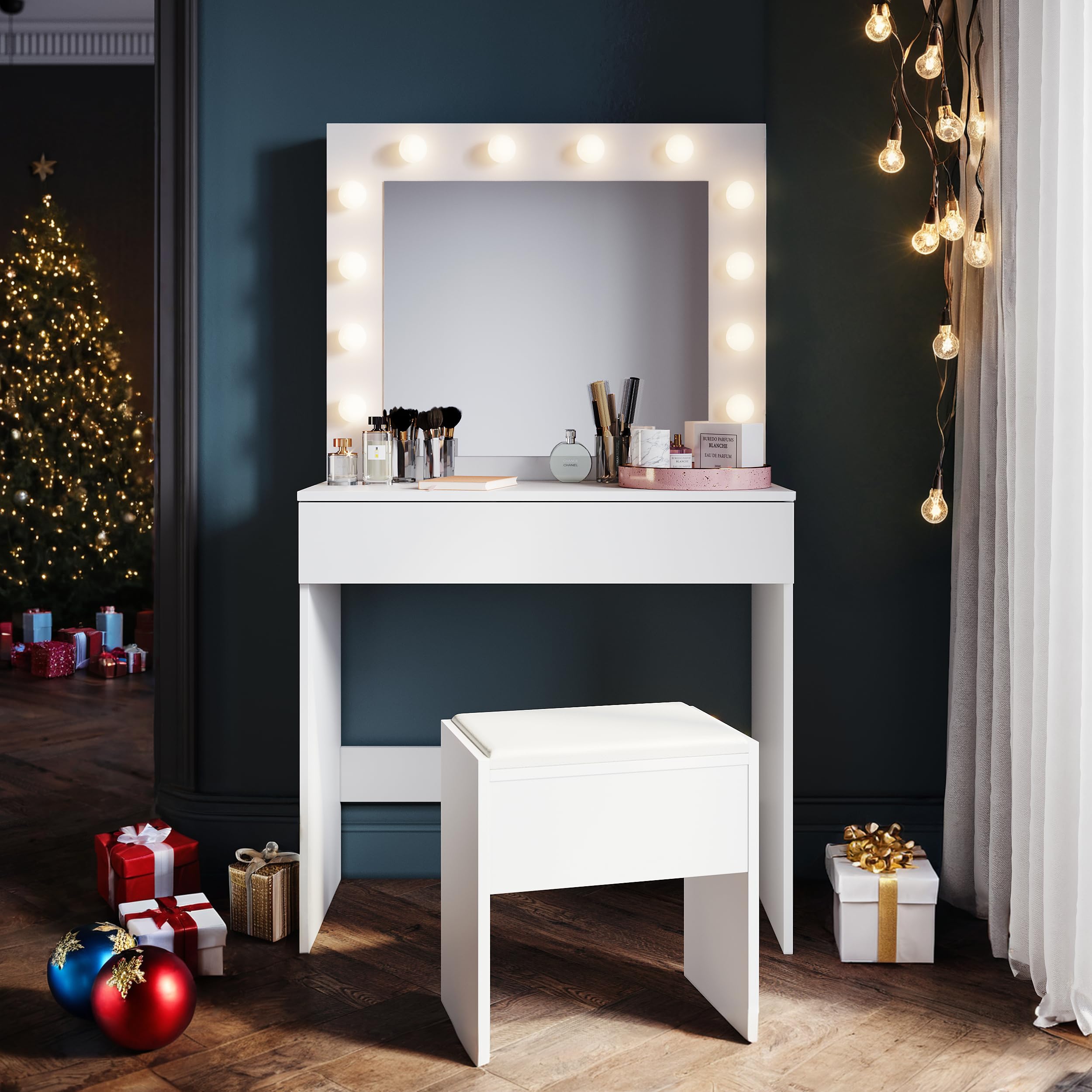 SONNI Tocador, 12 Luces LED con Brillo Ajustable, 1 Cajones Grandes y Taburete, Estilo Moderno, 80x40x140cm-Blanco