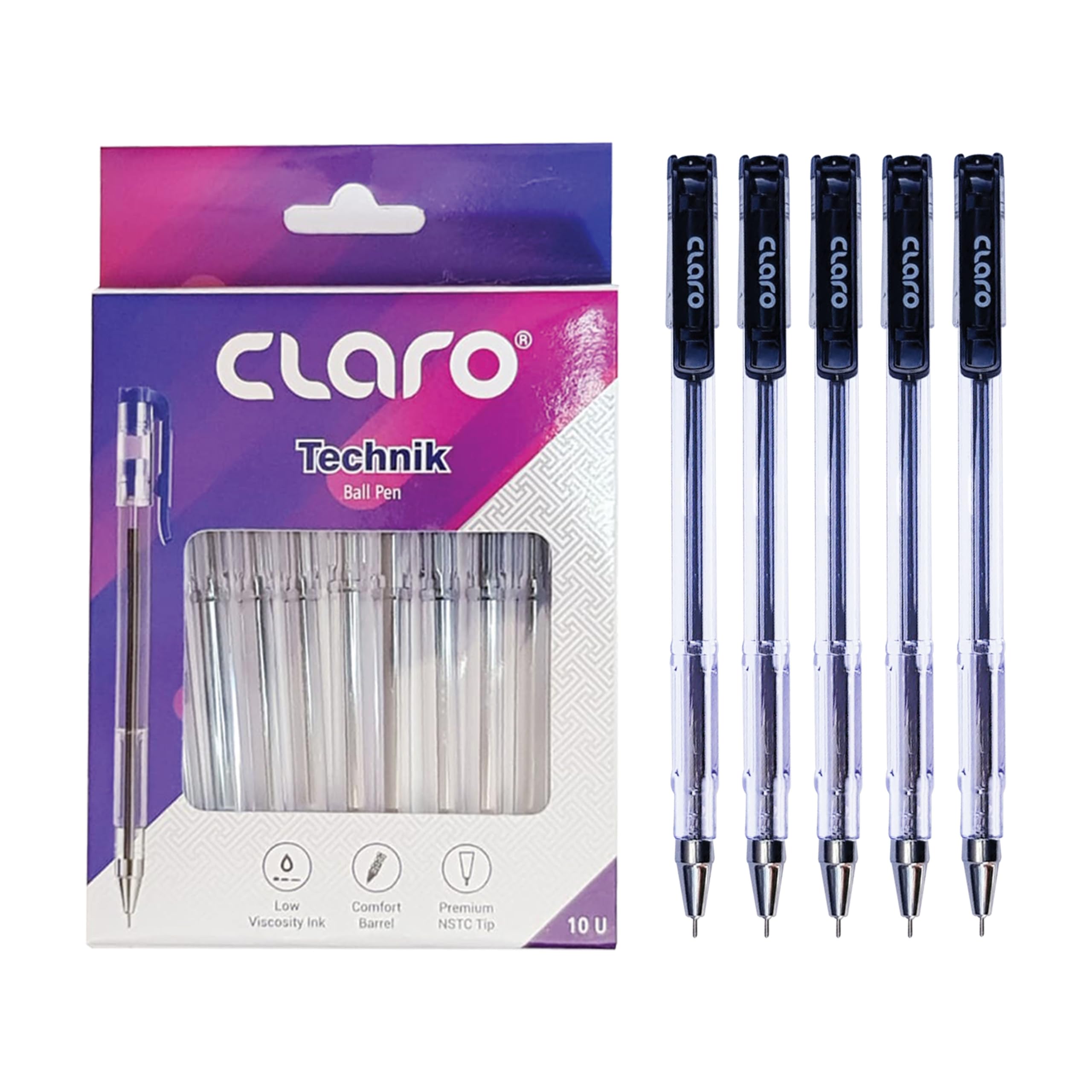 Penne A Sfera CLARO Technik - Confezione 10 Pezzi, Punta Fine 0,7 Mm, Nero