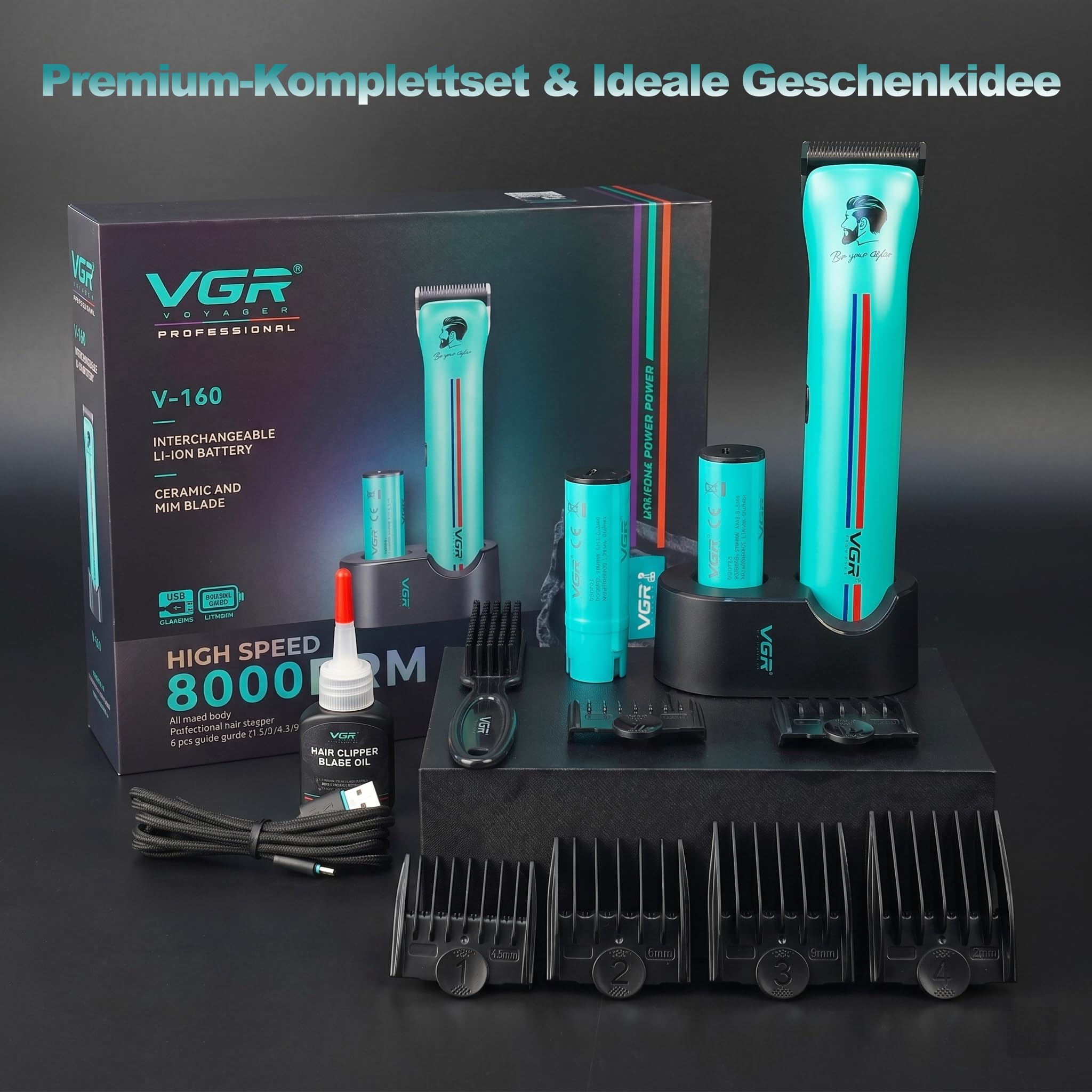VGR 160 Haarschneidemaschine Profi Mit Klinge aus Keramikmetall, Grün | Clipper Haarschneider mit Rückenverstellung, Profi Haarschneidemaschine mit Batterie Ersetzenm, Hair Clipper mit Lagerbasis