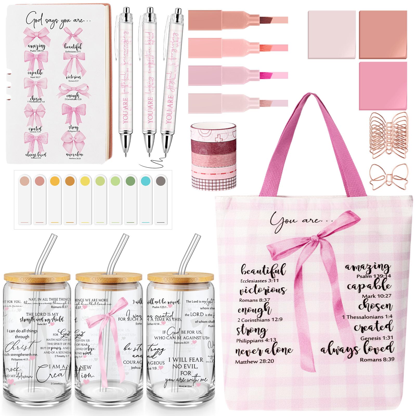 Singhoow 29 Pcs Bible Journaling Kit 16 oz Glass Cup Canvas Bag Leather Notebook Highlighters and Pens Sticky Note Tapes Valentine Gift Bible Study